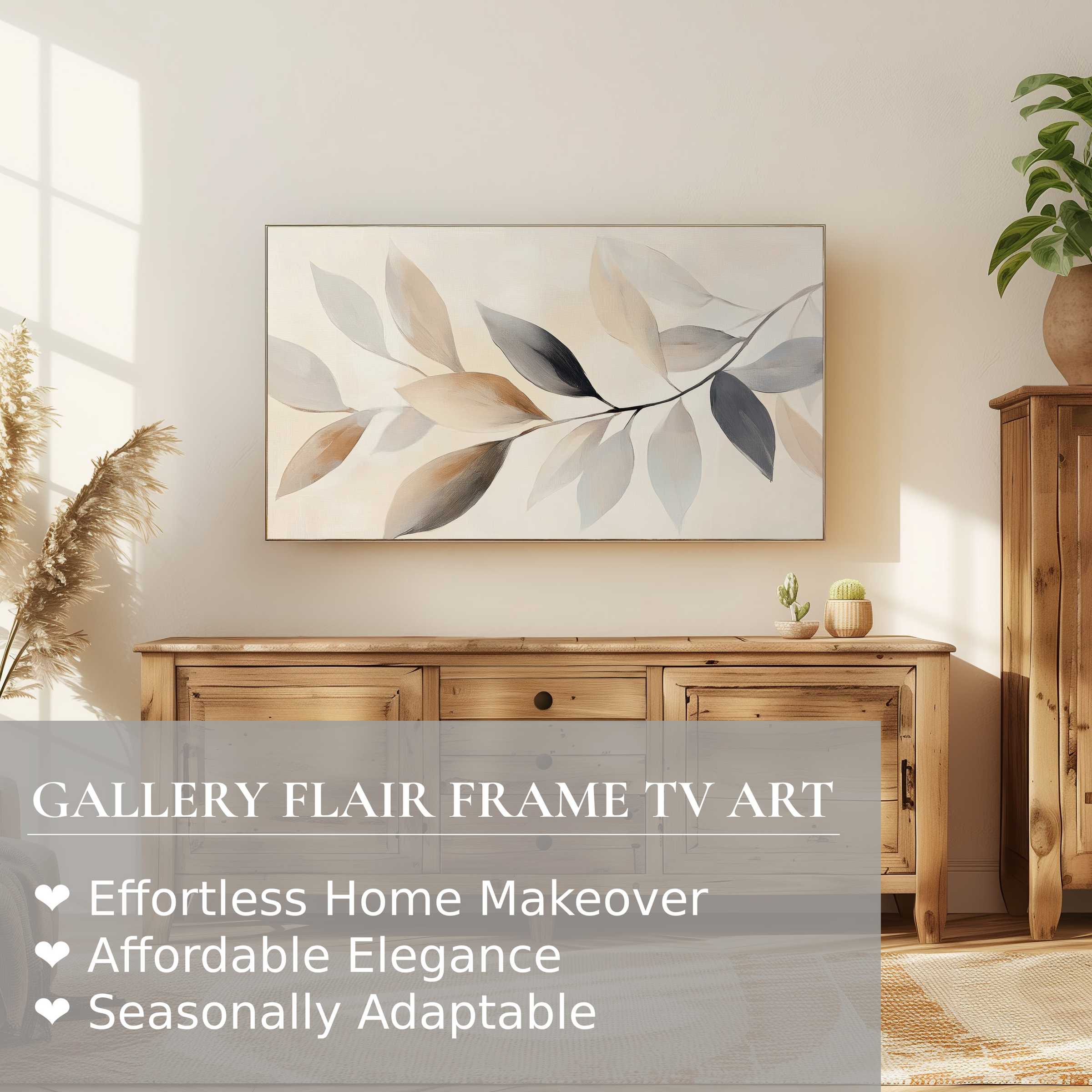 Samsung Frame TV showcasing neutral digital artwork with soft botanical tones in a warm, modern living room