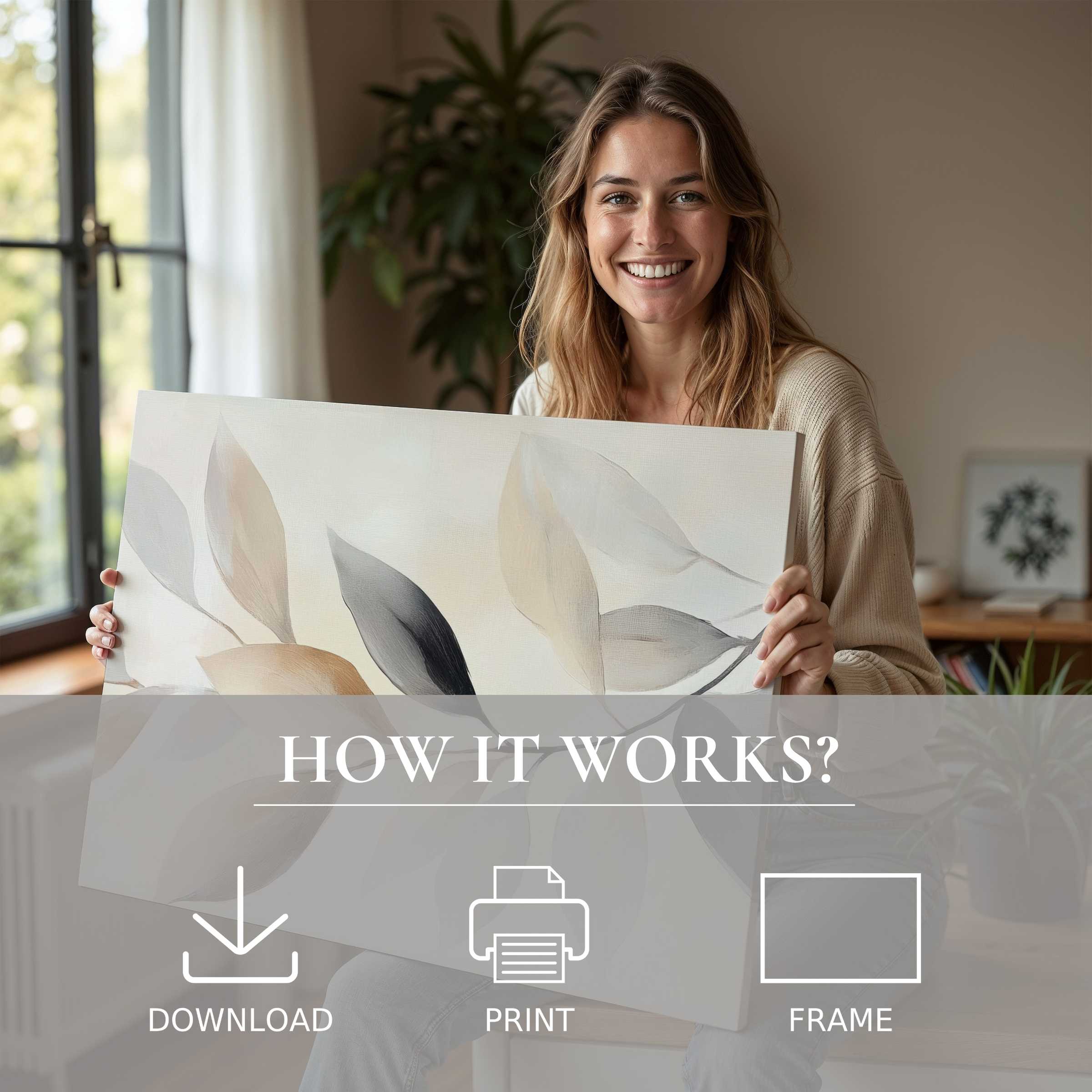 Woman in serene modern home holds a neutral digital art print, embodying joy and effortless elegance in curated living spaces