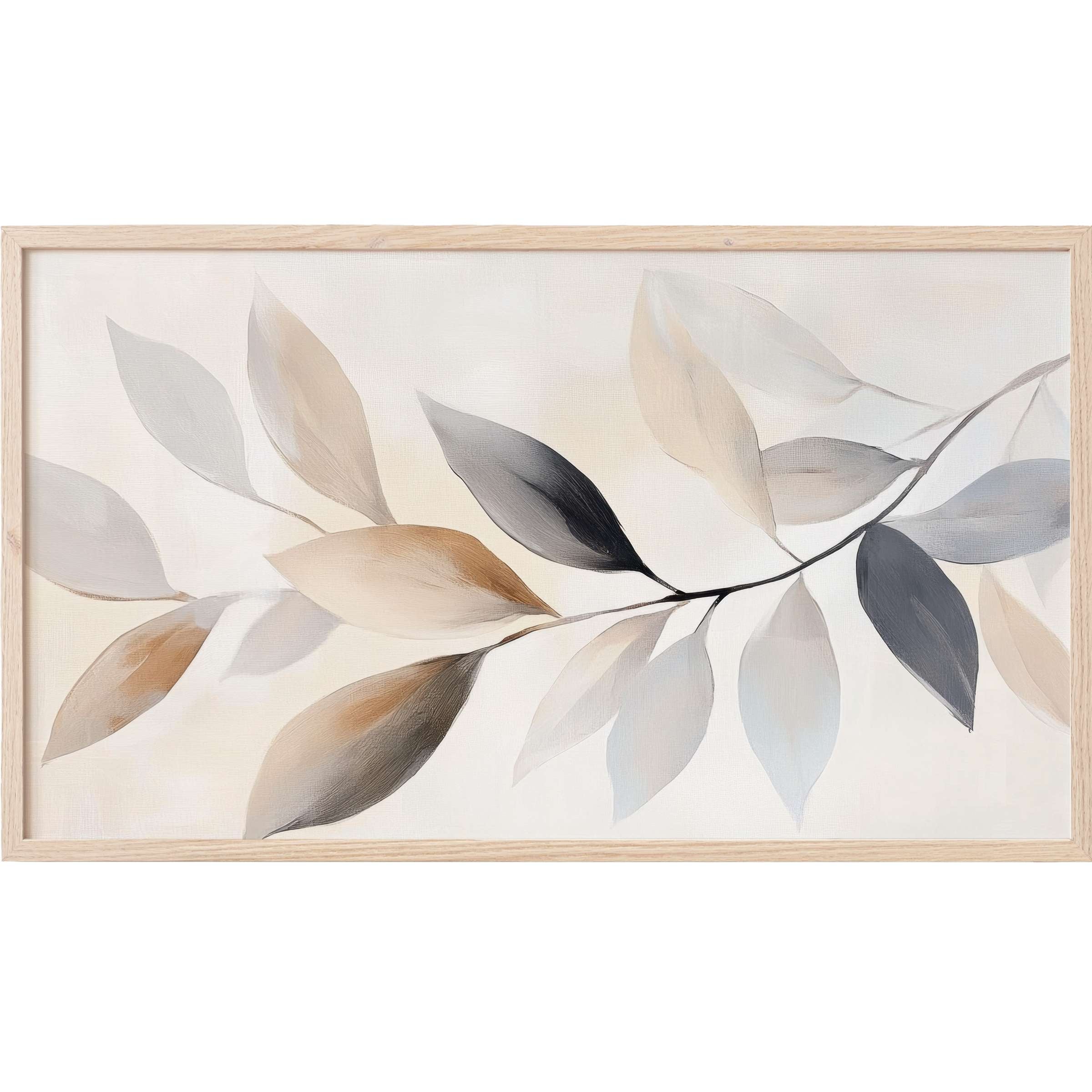 Elegant neutral Frame TV Art featuring soft beige, gray, and black leaves in a modern, airy botanical design