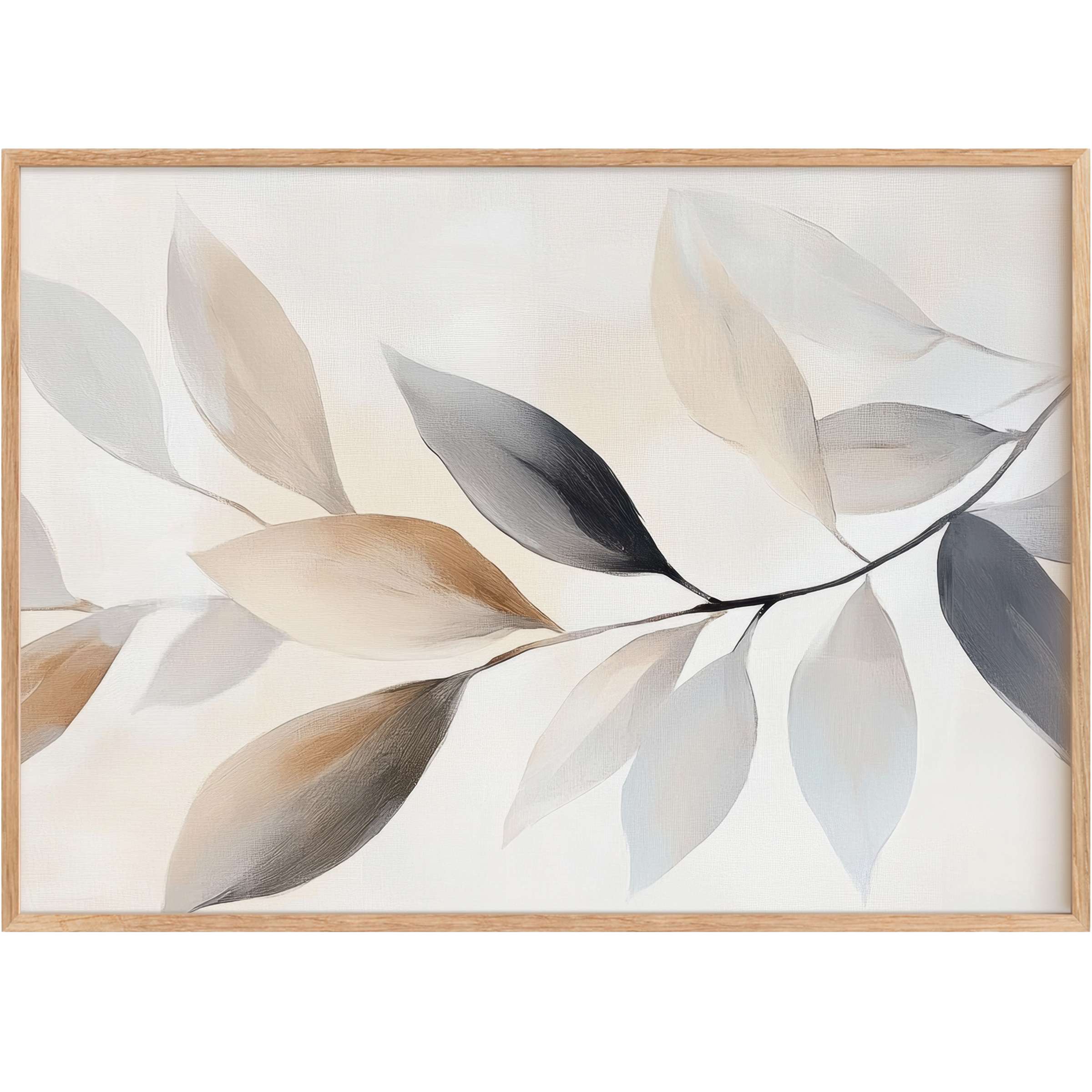 Neutral printable wall art with delicate taupe, charcoal, and soft gray leaves, evoking a serene, airy ambiance
