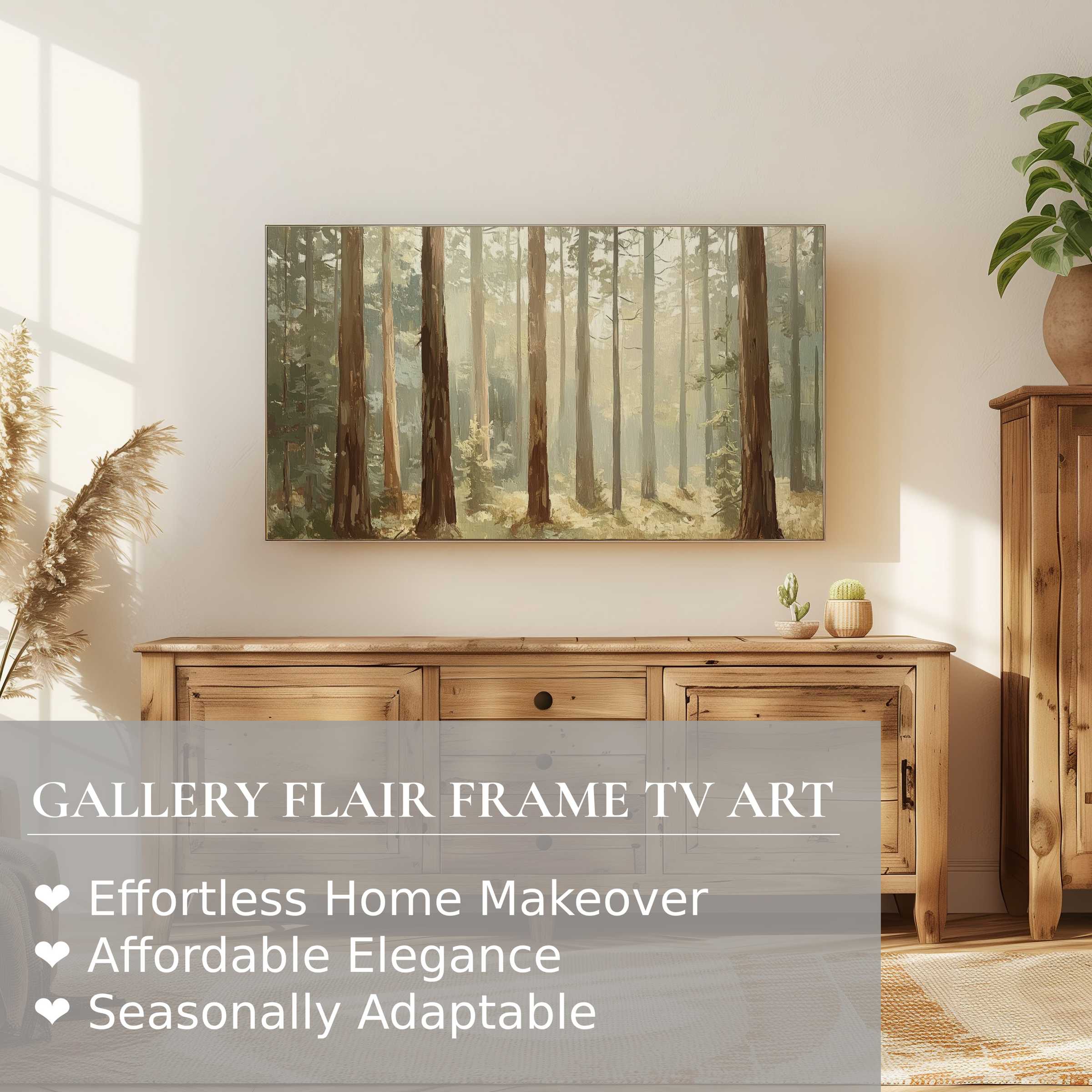 Samsung Frame TV displays serene, muted tree digital artwork in a warm, minimalist living room setting