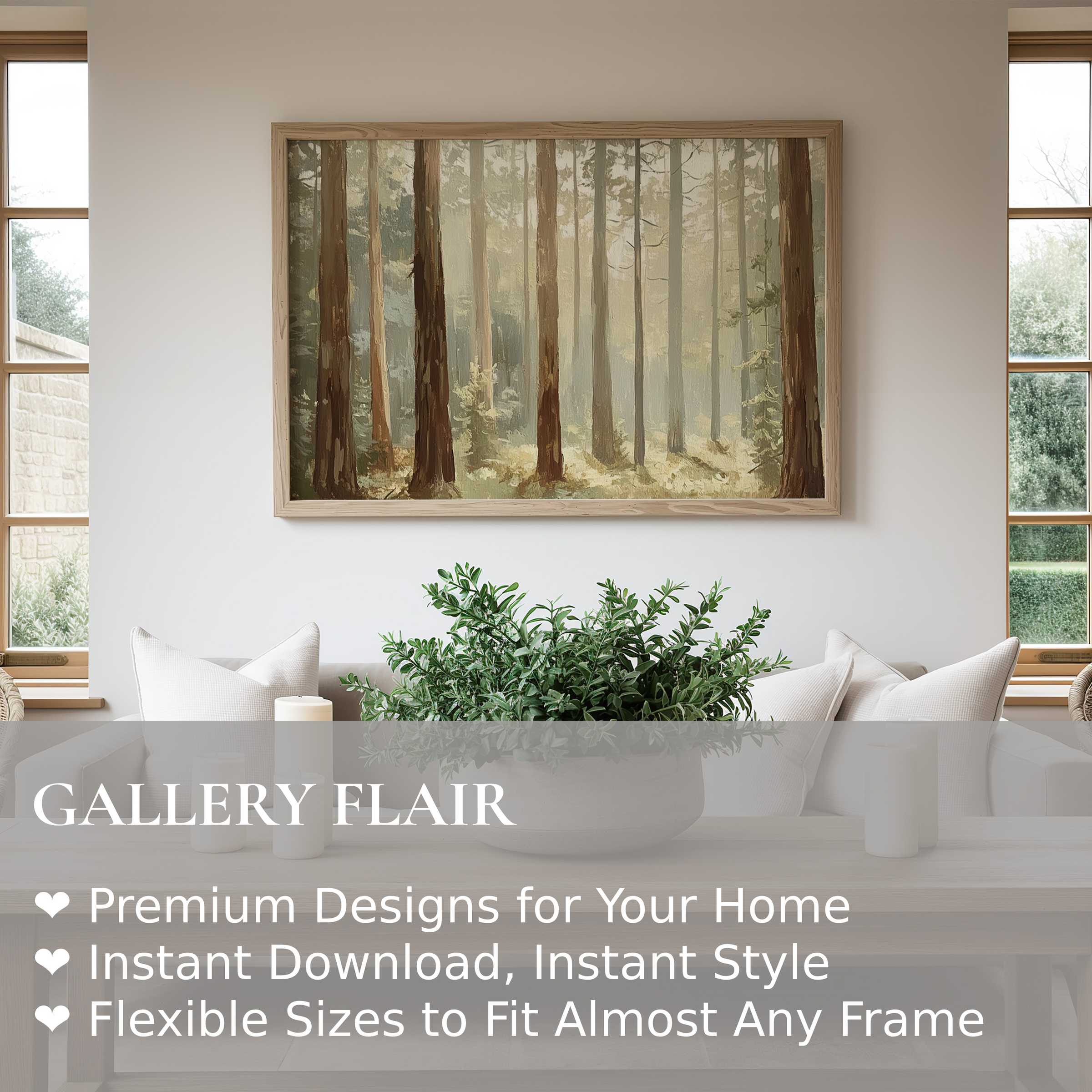 Serene tree wall art print capturing a misty forest glow, enhancing modern minimalist interiors with calming natural elegance