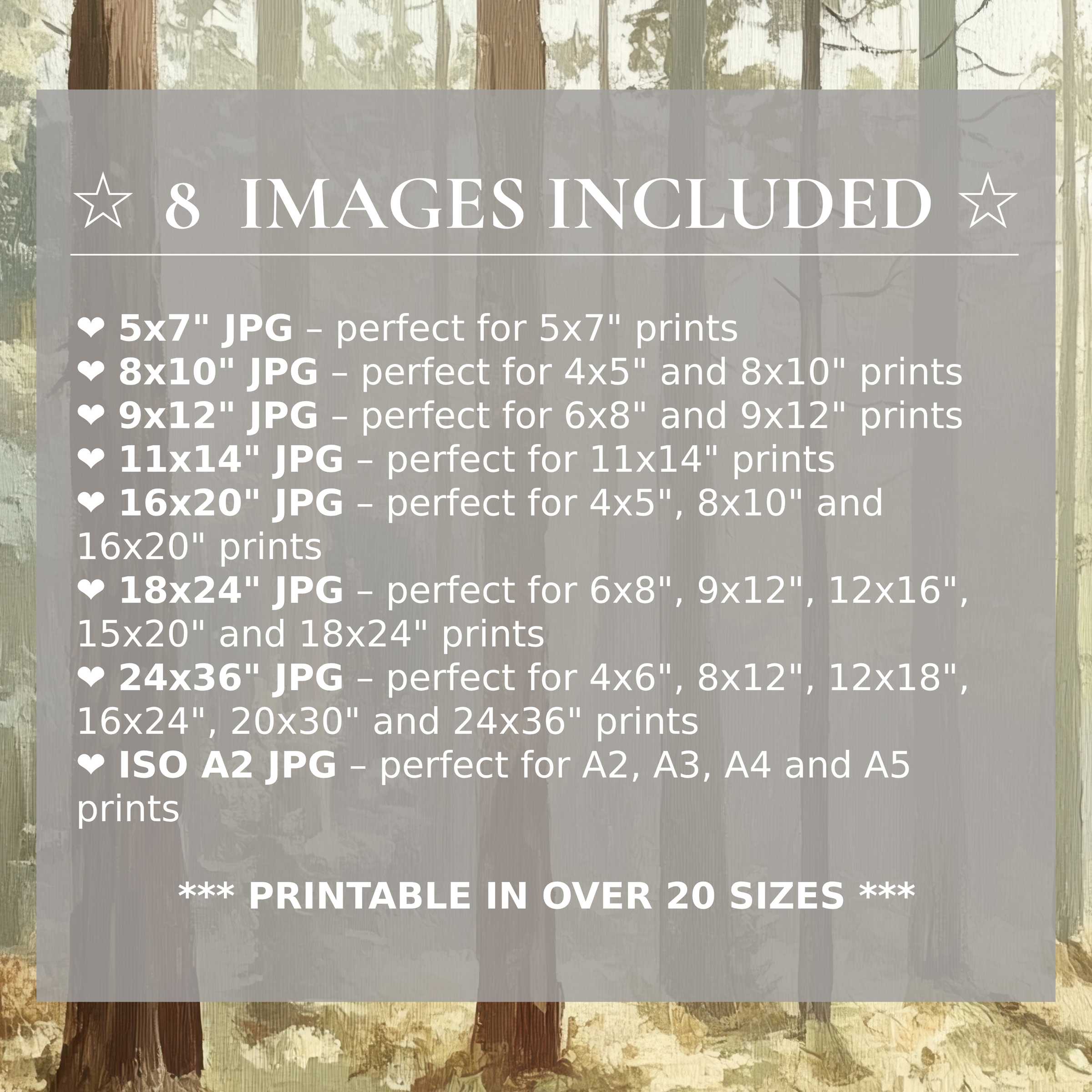 Print size guide showing 8 included JPG formats for versatile wall art printing – perfect for framing in popular sizes from 5x7 to 24x36 and A2