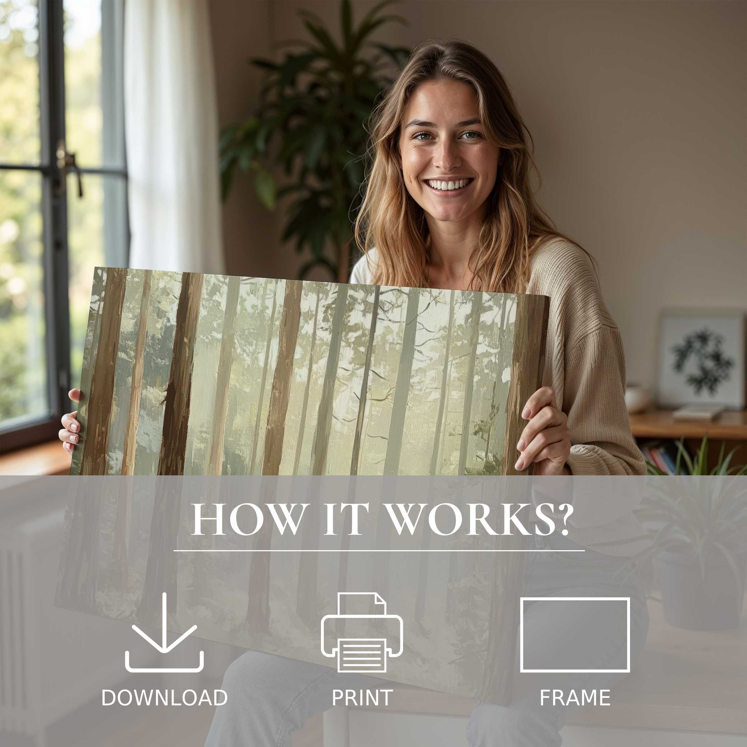 A radiant moment of joy as a woman embraces a tree digital art print, blending soft woodland hues with serene style in a modern home