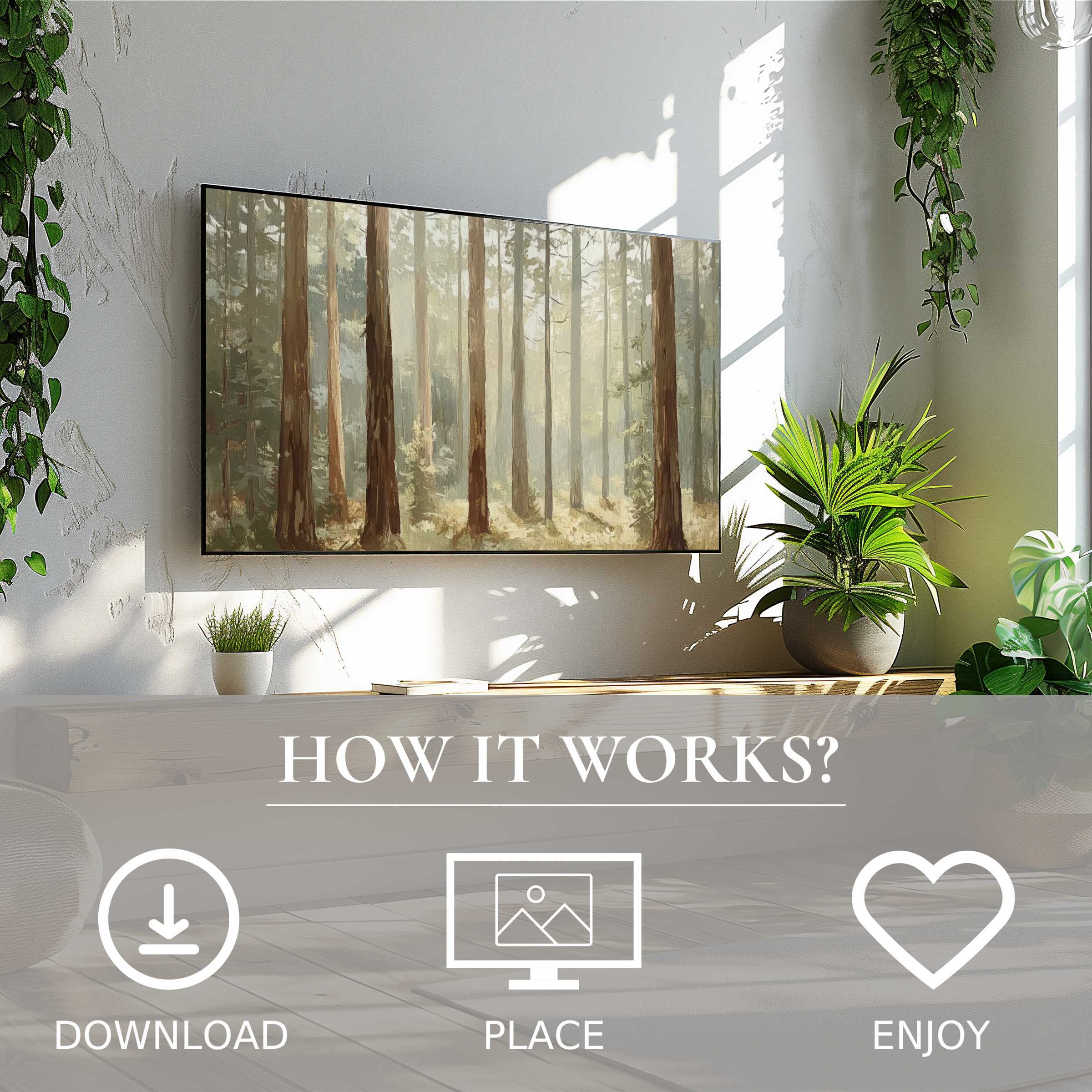 Tree art for Samsung TV shows soft forest tones in a bright room; easy digital download enhances modern living spaces