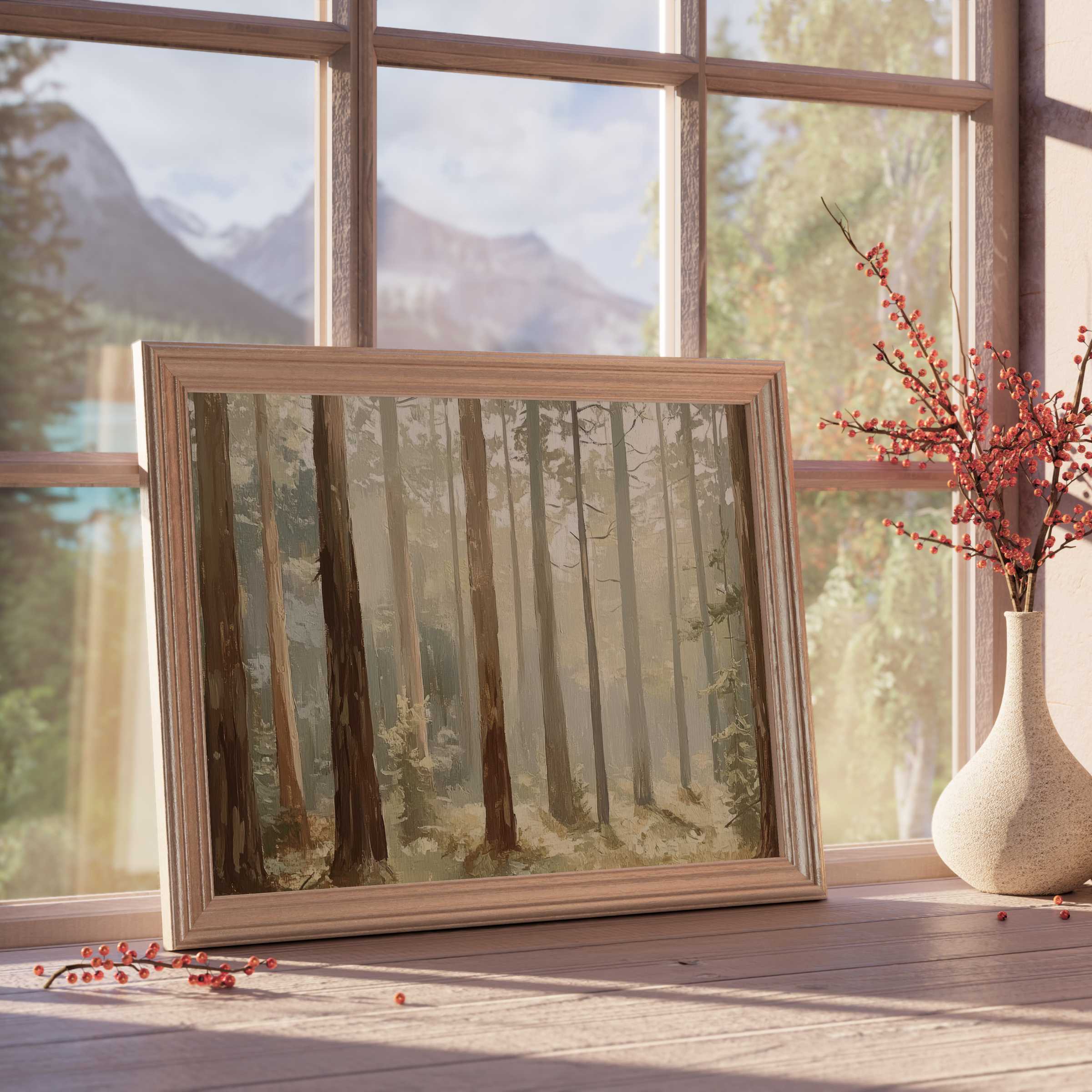 Elegant tree downloadable art capturing serene forest tranquility, perfect for elevating curated, calming interiors with nature-inspired charm