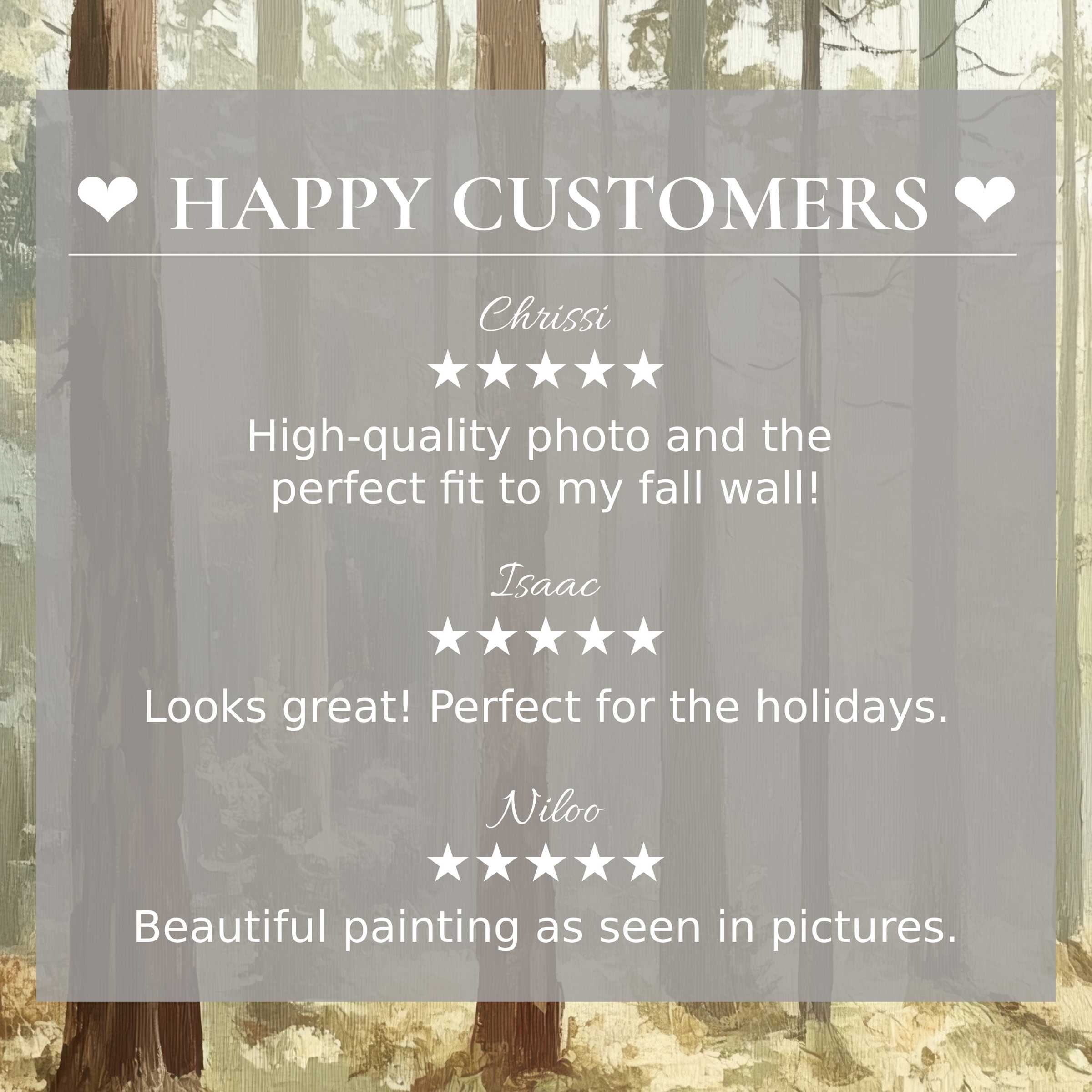 Trees art for Frame TV with abstract forest background; happy customer reviews build trust and showcase elegant style