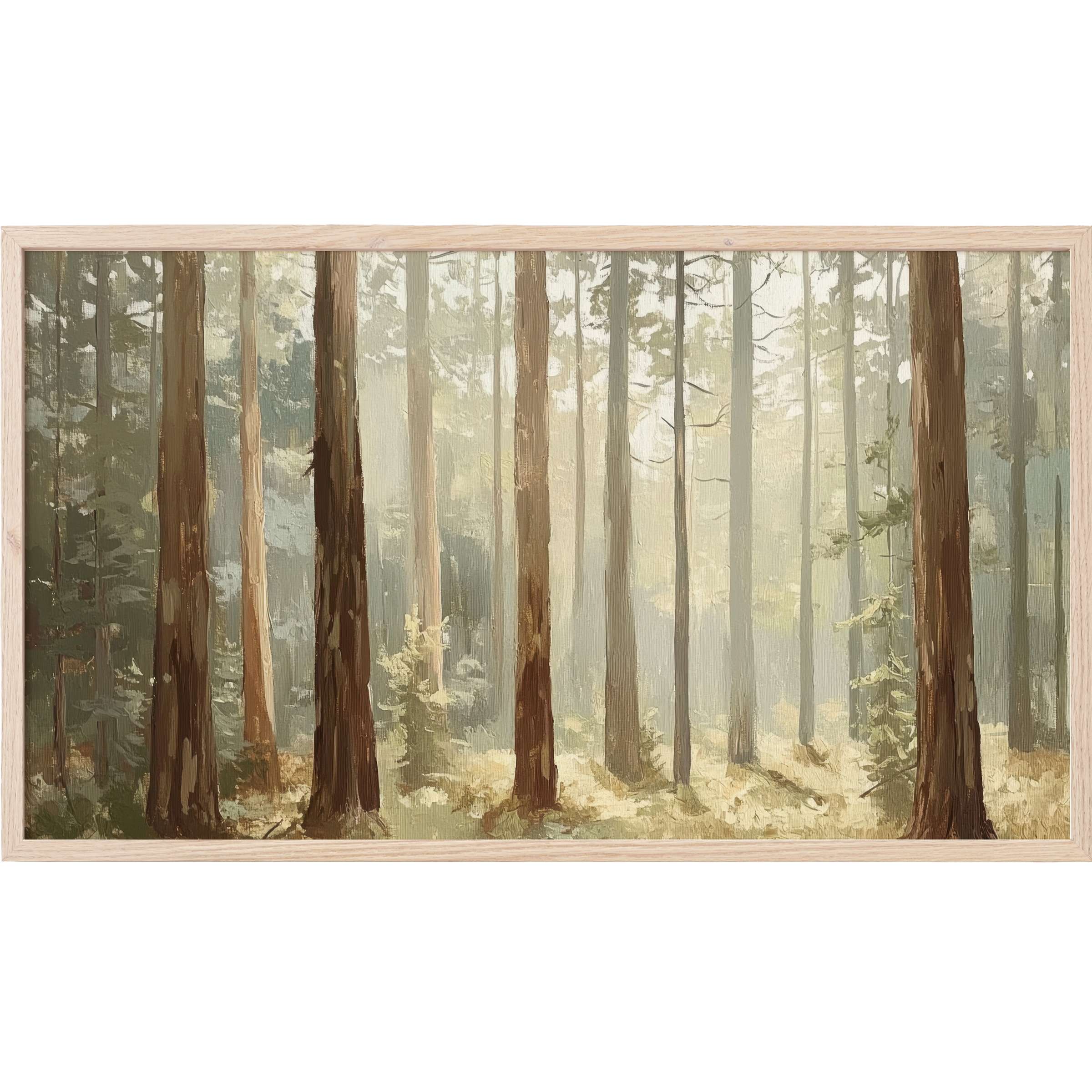 Misty forest scene in muted greens and browns, evoking calm sophistication in tree Frame TV Art with natural wood frame
