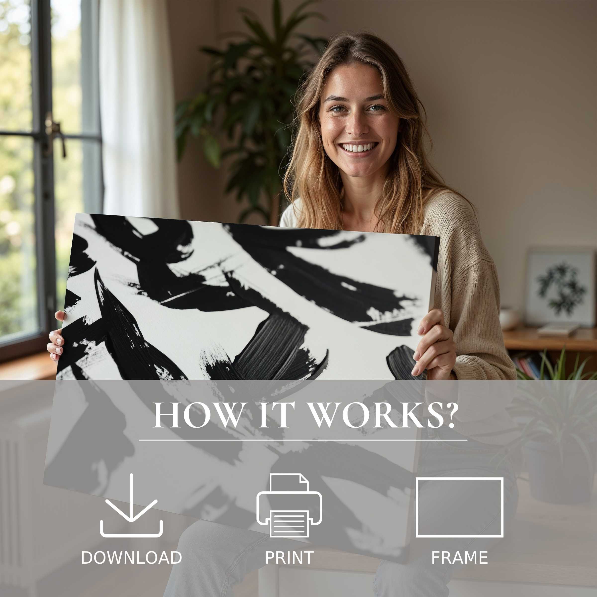 A radiant moment of joy embracing black and white digital art print, elevating modern living with effortless elegance