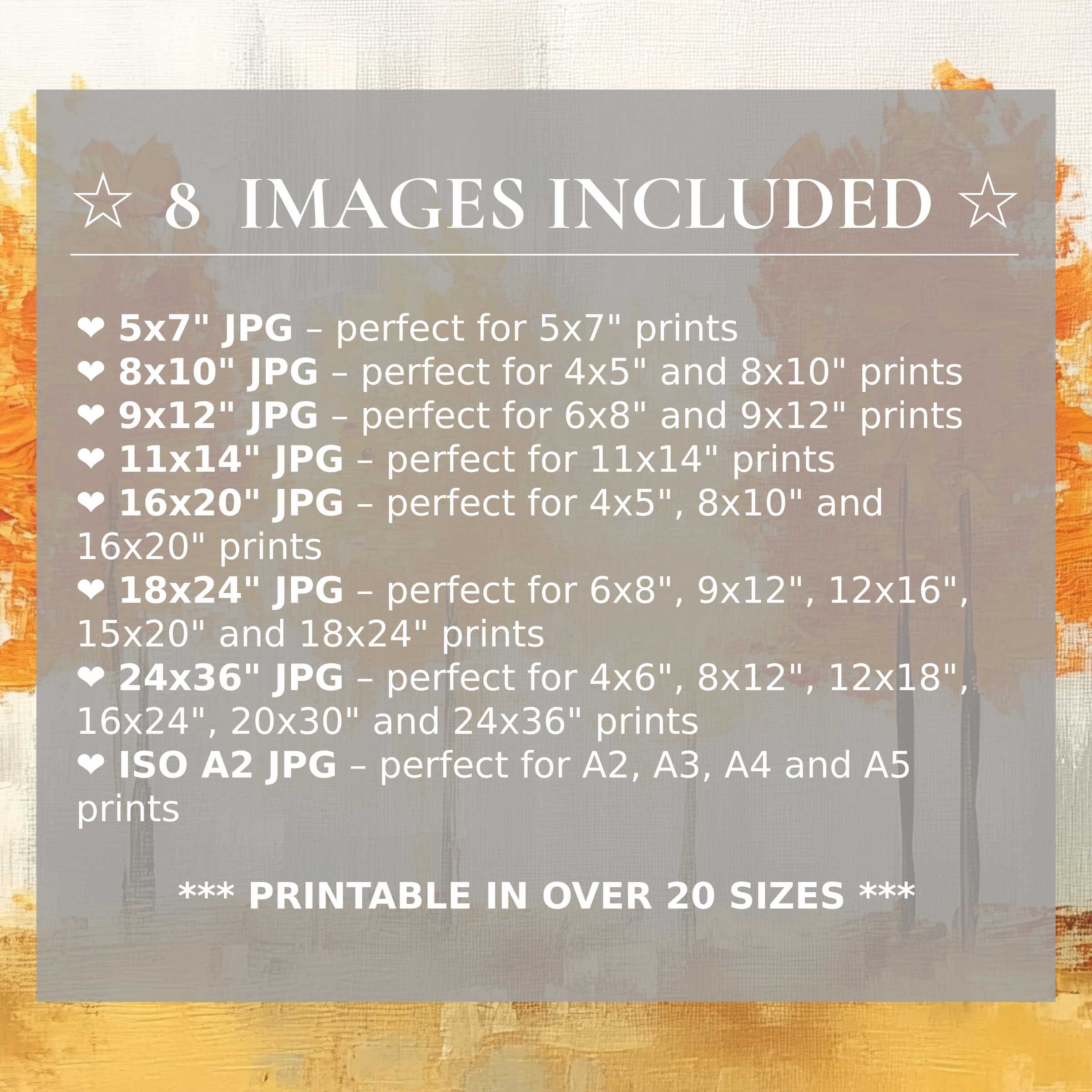 Fall digital print radiates warm amber and soft ochre tones, available in 8 high-quality sizes for versatile modern interiors