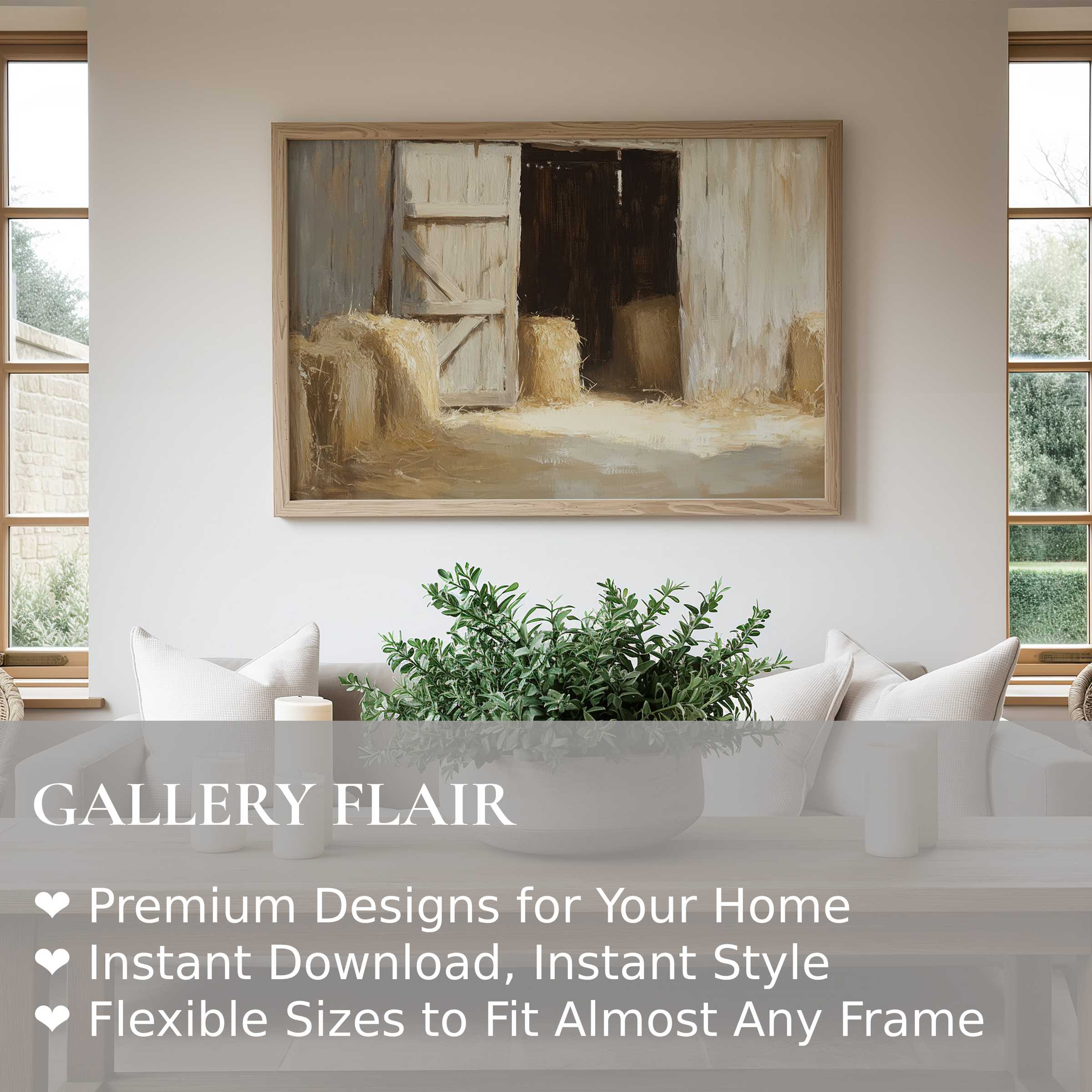 Farmhouse wall art print capturing warm haybales in rustic barn light, enhancing serene modern farmhouse interiors with comforting, earthy charm