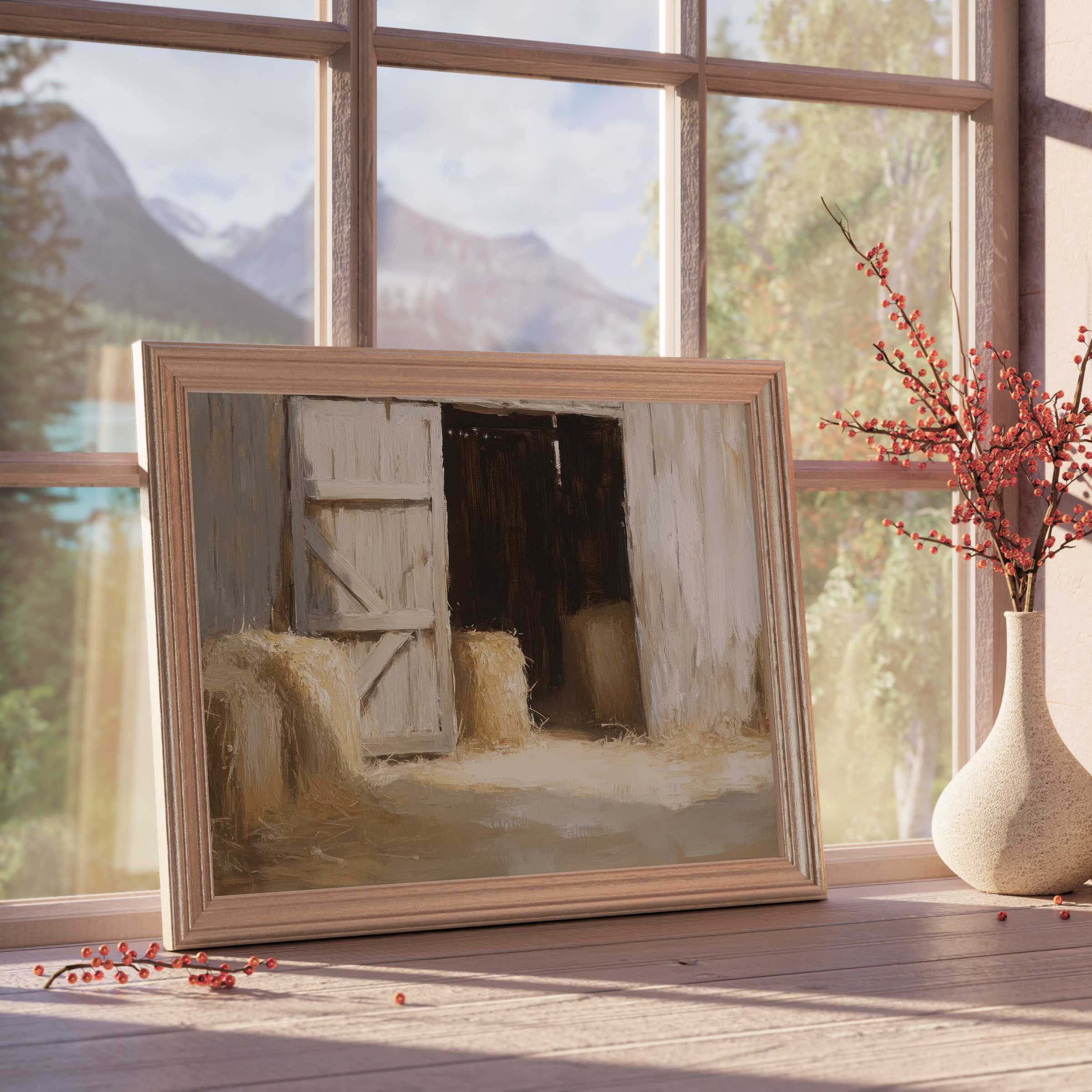 Farmhouse downloadable art radiating warm rustic charm with soft natural light, perfect for curated, serene farmhouse interiors