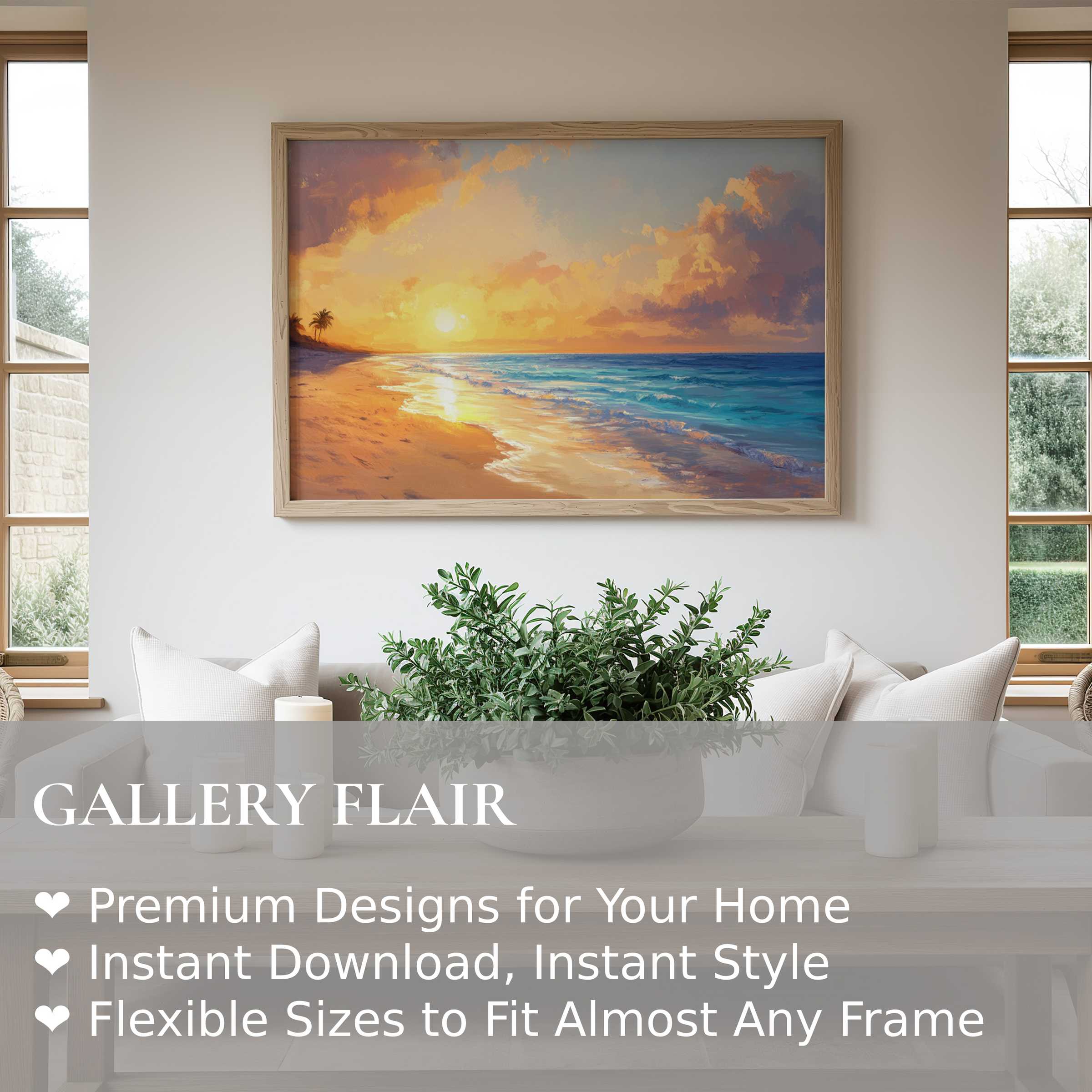 Beach wall art print capturing a radiant sunset over serene waves, enhancing modern coastal interiors with calming, vibrant elegance
