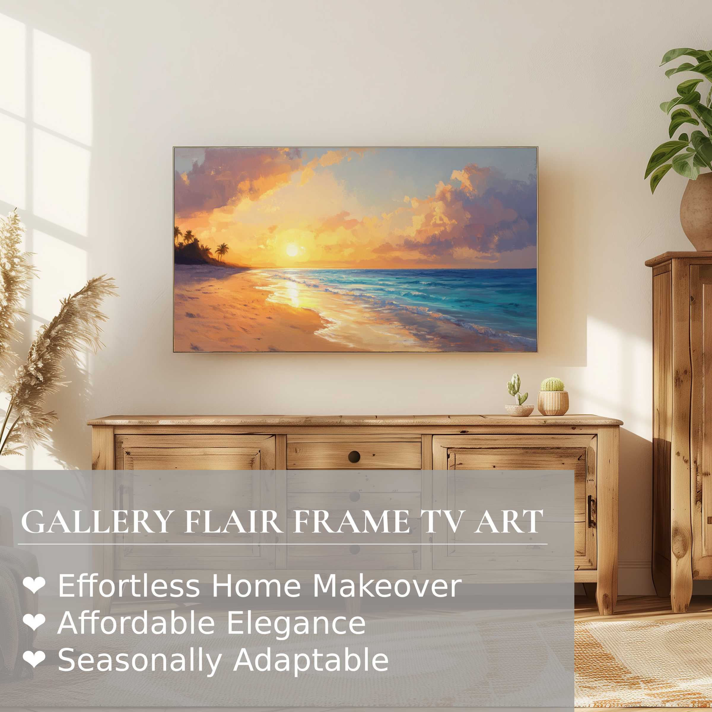 Samsung Frame TV displaying serene beach digital artwork with warm sunset hues in a modern living space