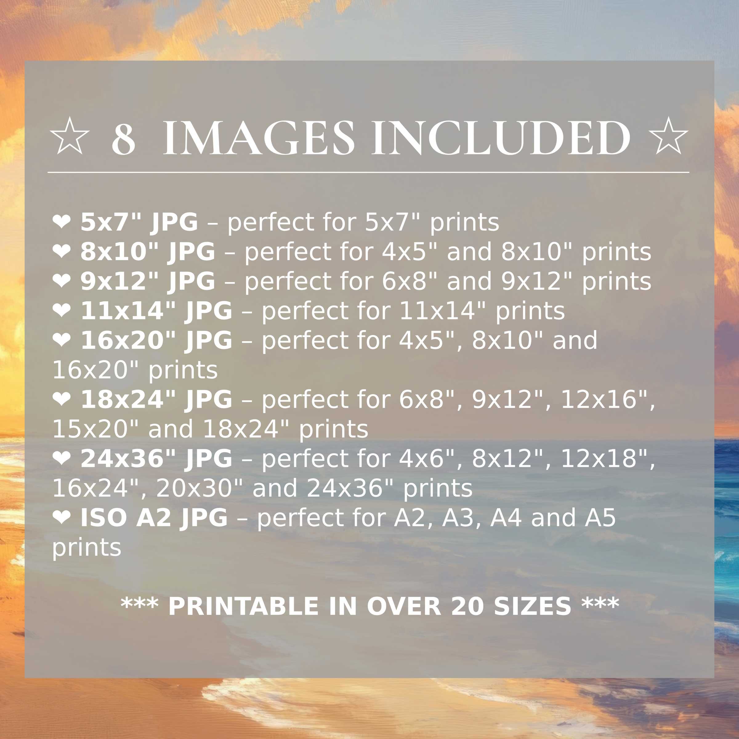 Radiant beach digital print in soothing sunset hues, offered in 8 premium sizes for versatile, stylish modern interiors