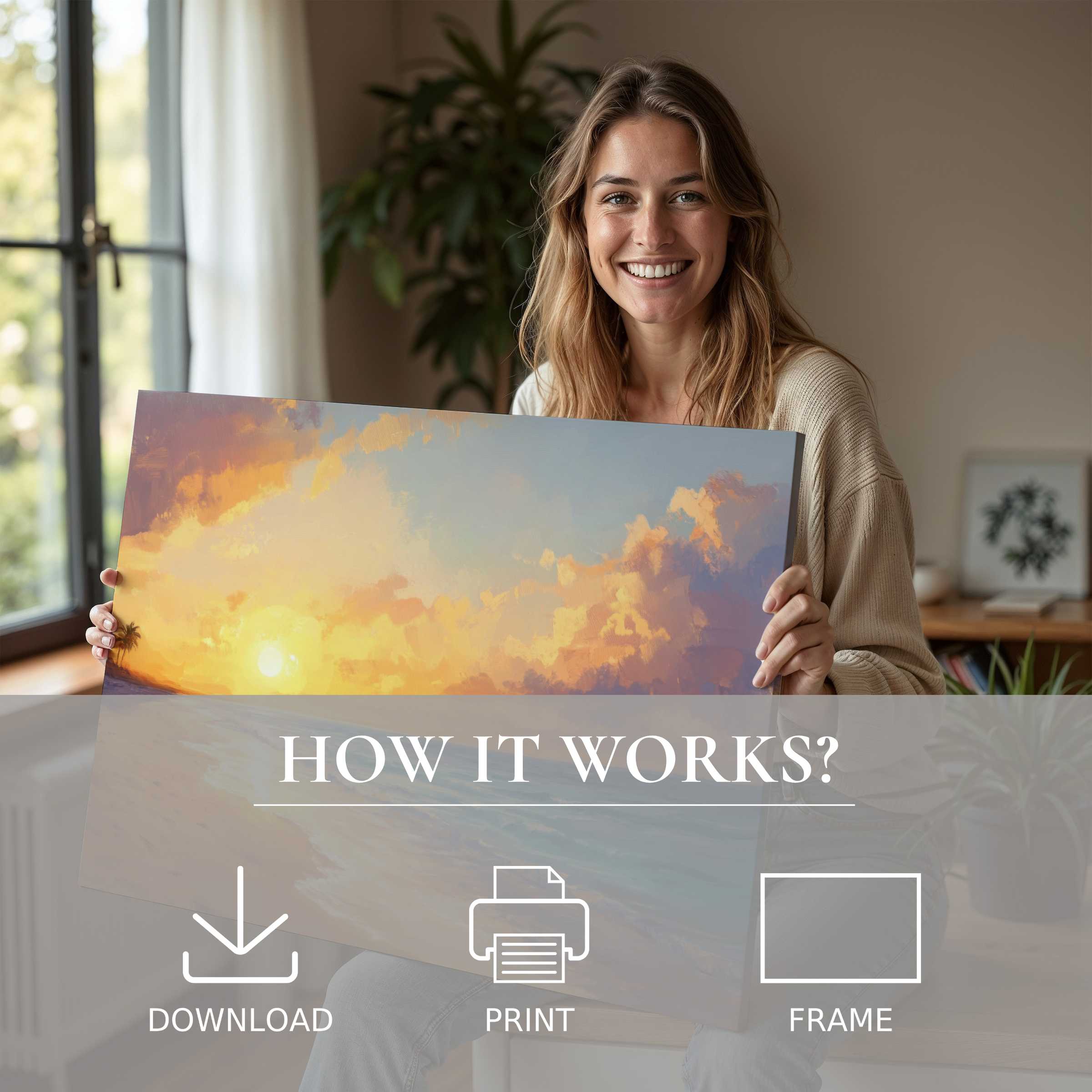 Woman in stylish home sharing a beach digital art print glowing with warm sunset hues, inspiring serene joy and effortless elegance