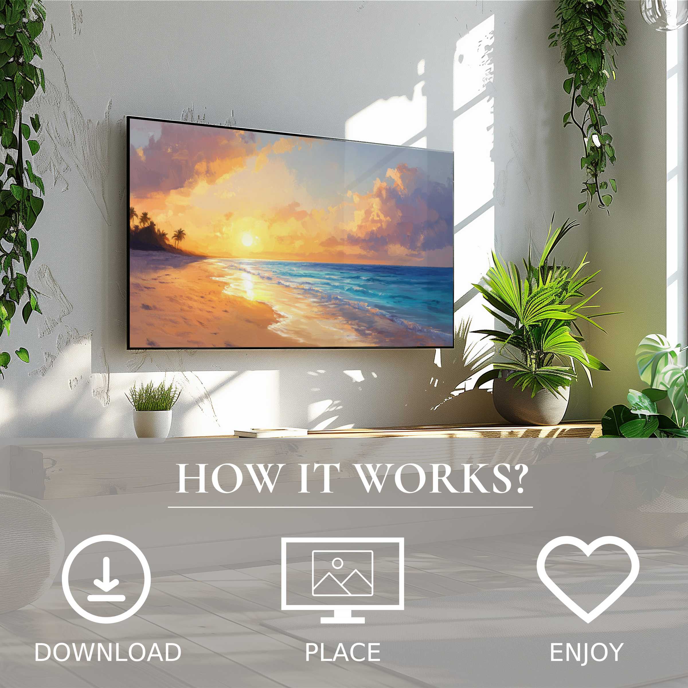 Modern living room with beach art for Samsung TV, soft sunset tones enhance space via simple digital download