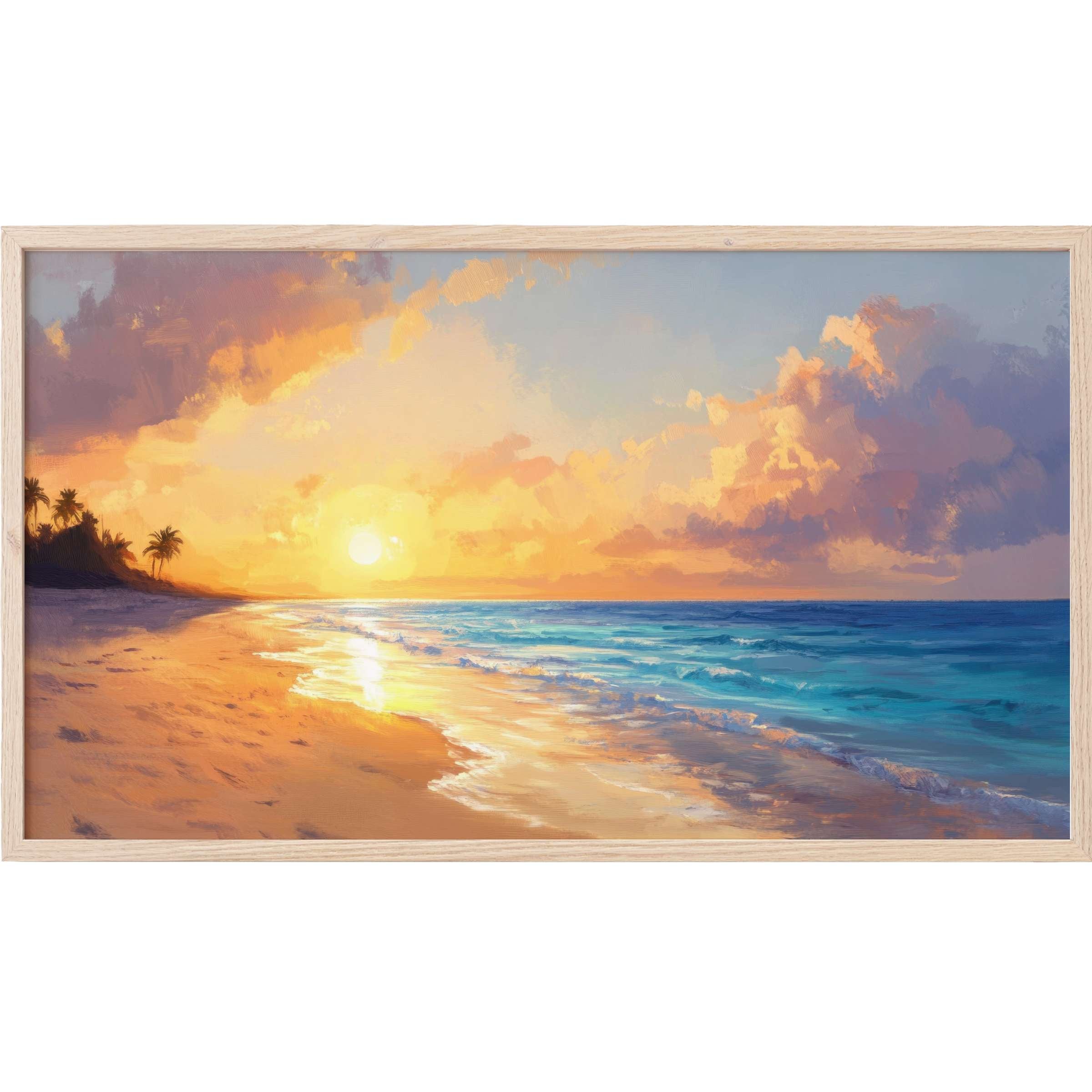 Warm sunset over a serene shoreline with palm silhouettes in soft hues, elegant beach Frame TV Art