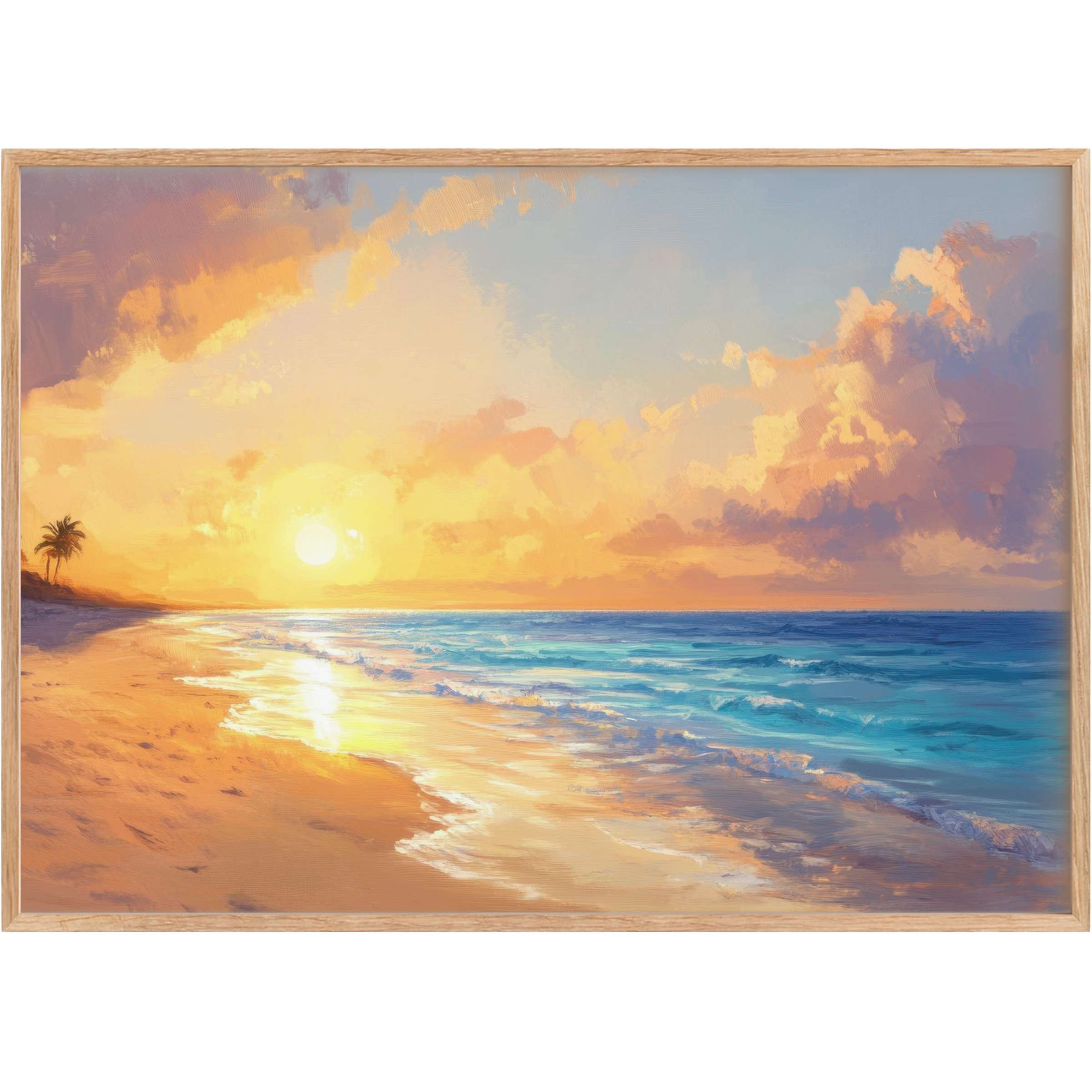 Beach printable wall art captures a radiant sunset with warm golds and tranquil blues, evoking serene coastal elegance