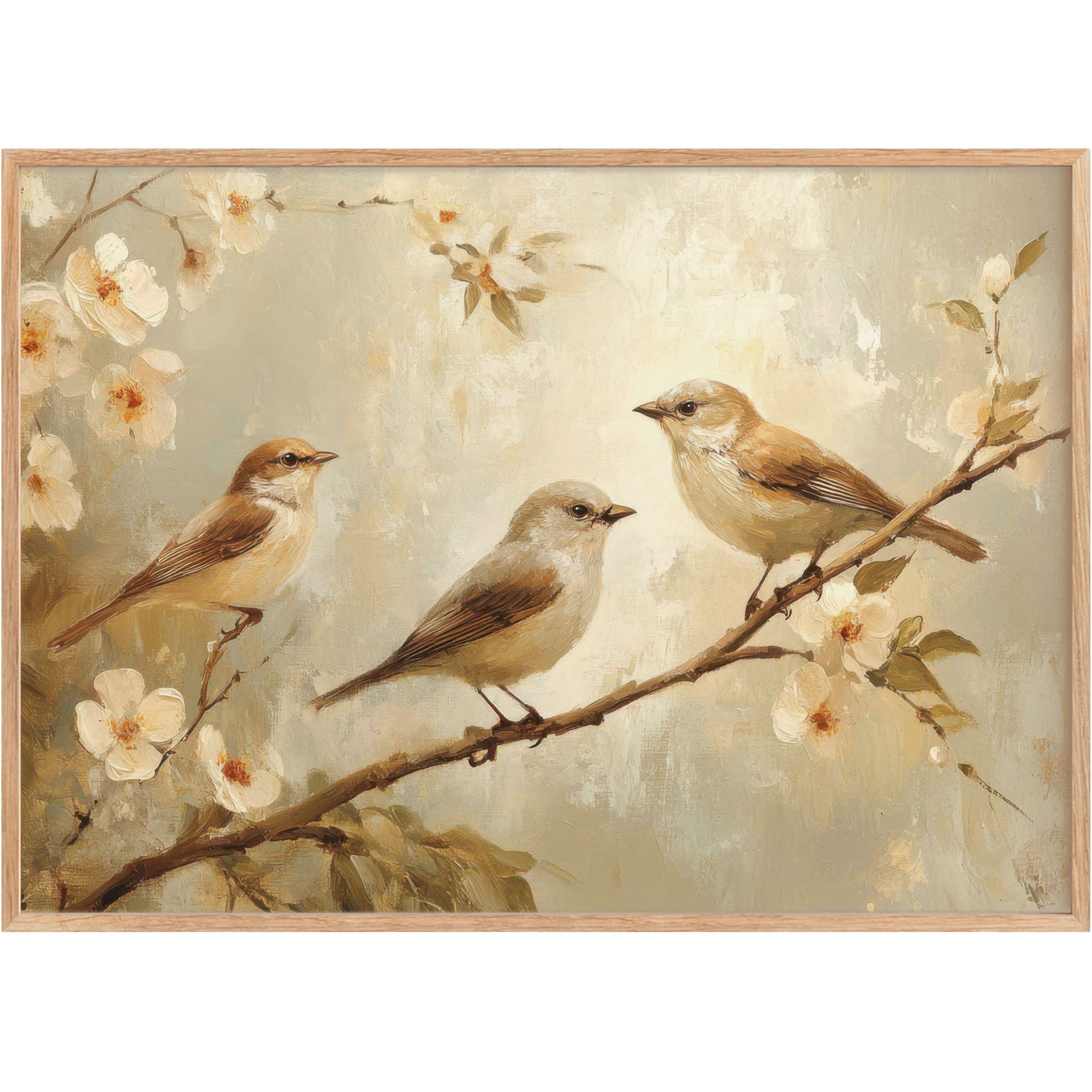 Elegant spring printable wall art with soft beige and cream tones, featuring serene birds on blossoming branches for a calming, sophisticated vibe