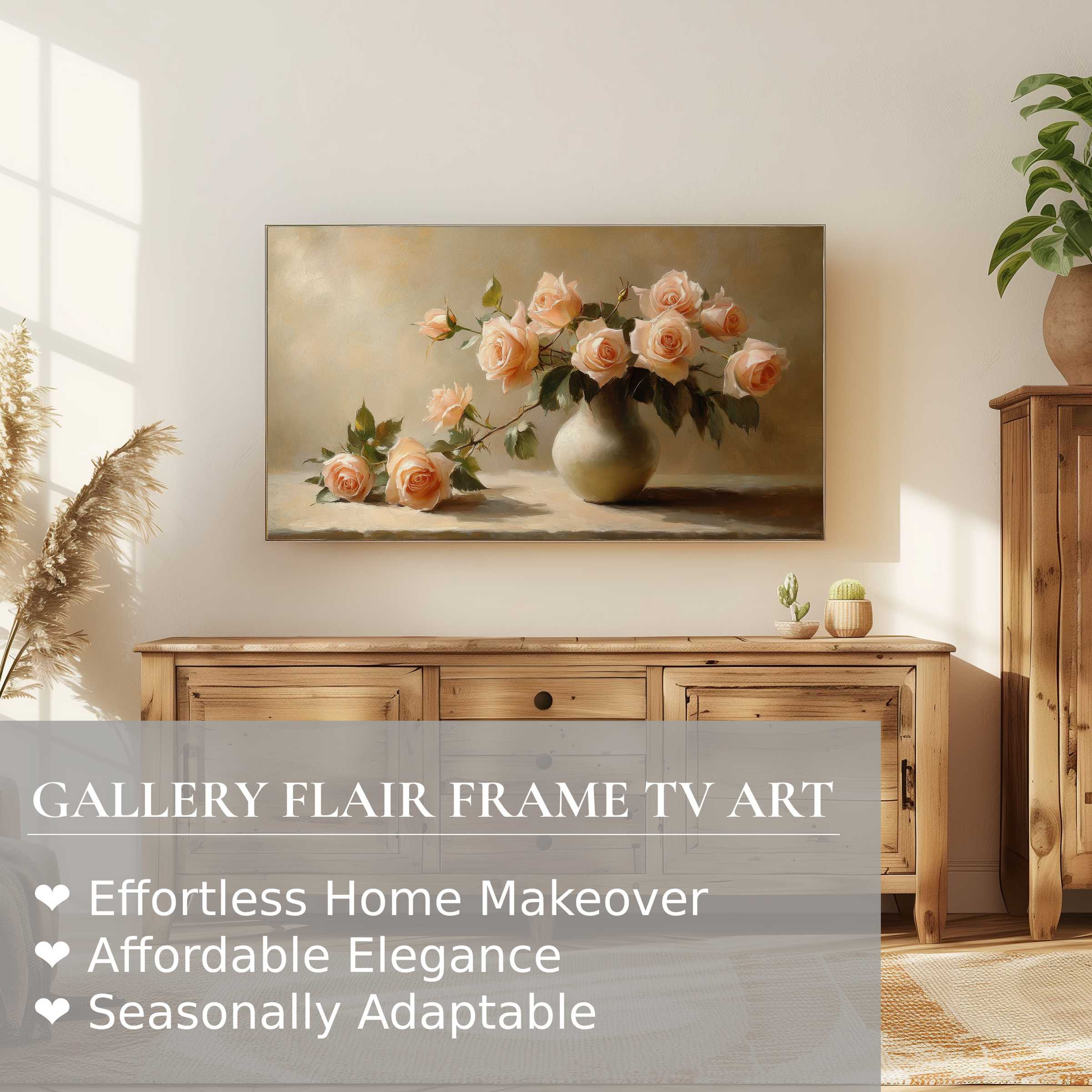 Samsung Frame TV displays elegant floral digital artwork of soft peach roses in a modern, sunlit living space