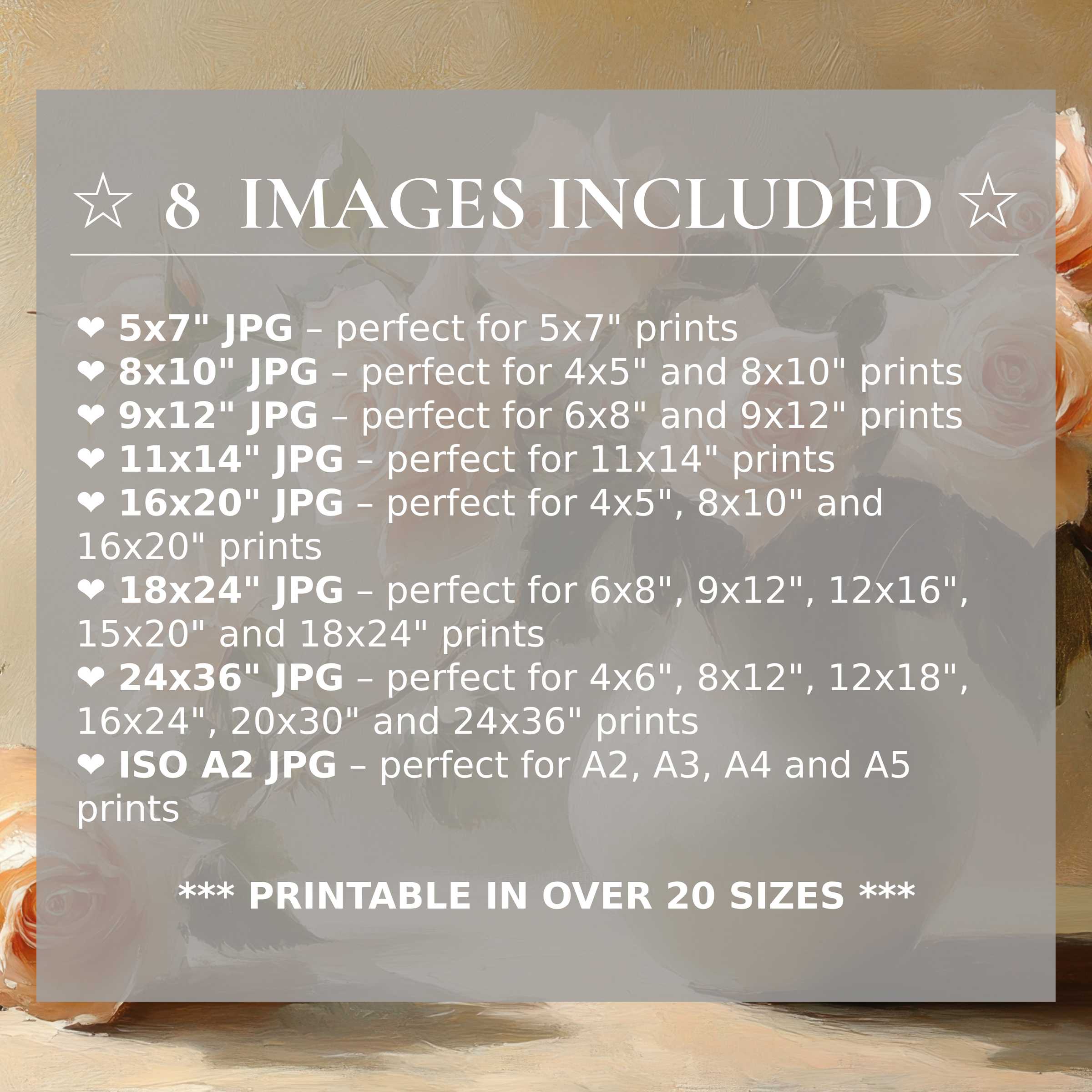 Radiant floral digital print featuring soft peach and cream blooms with muted olive greens, elevating modern interiors with timeless elegance Includes 8 high-quality sizes in one download for versatile styling