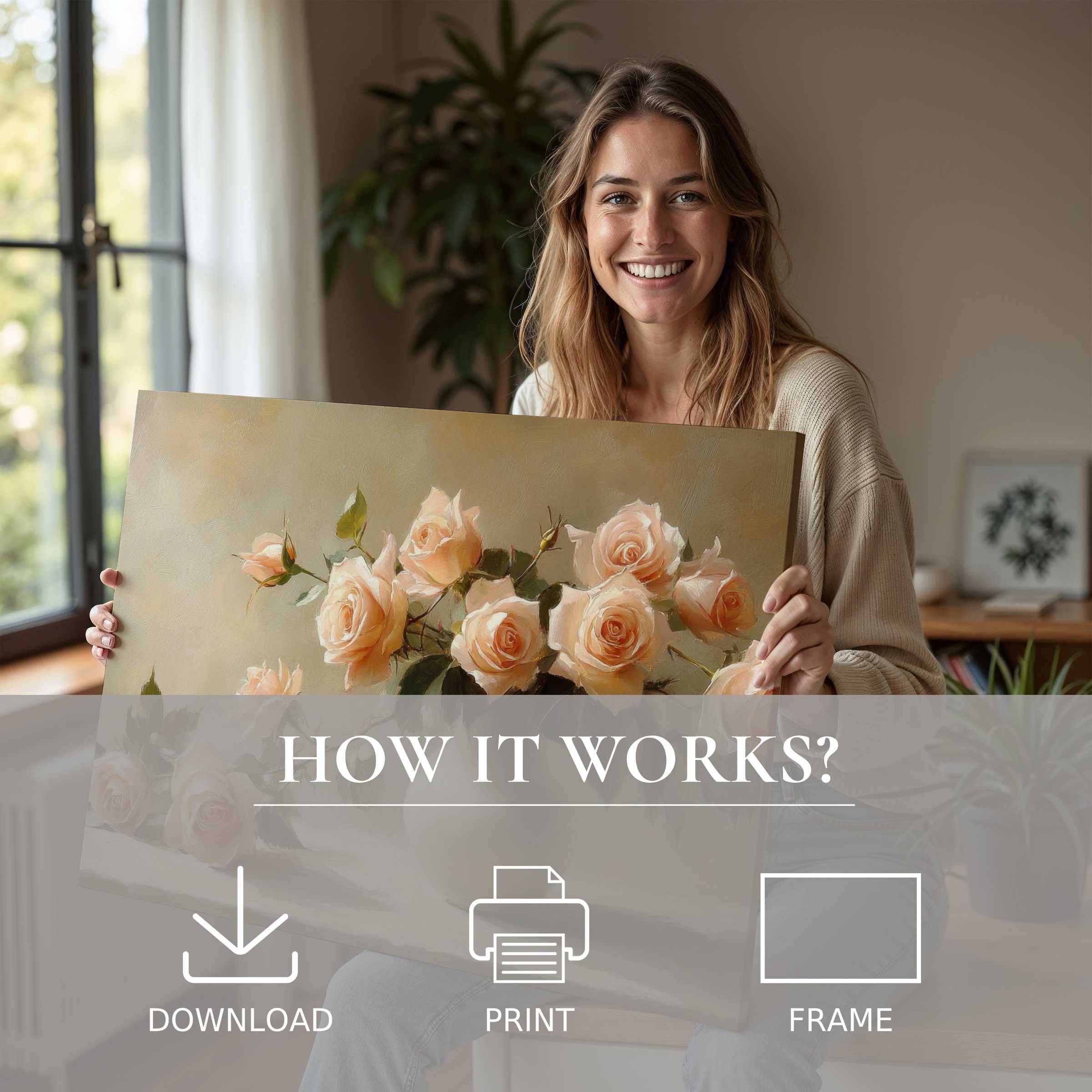 A radiant moment of joy as a woman unveils a floral digital art print, infusing her modern home with serene elegance and effortless beauty
