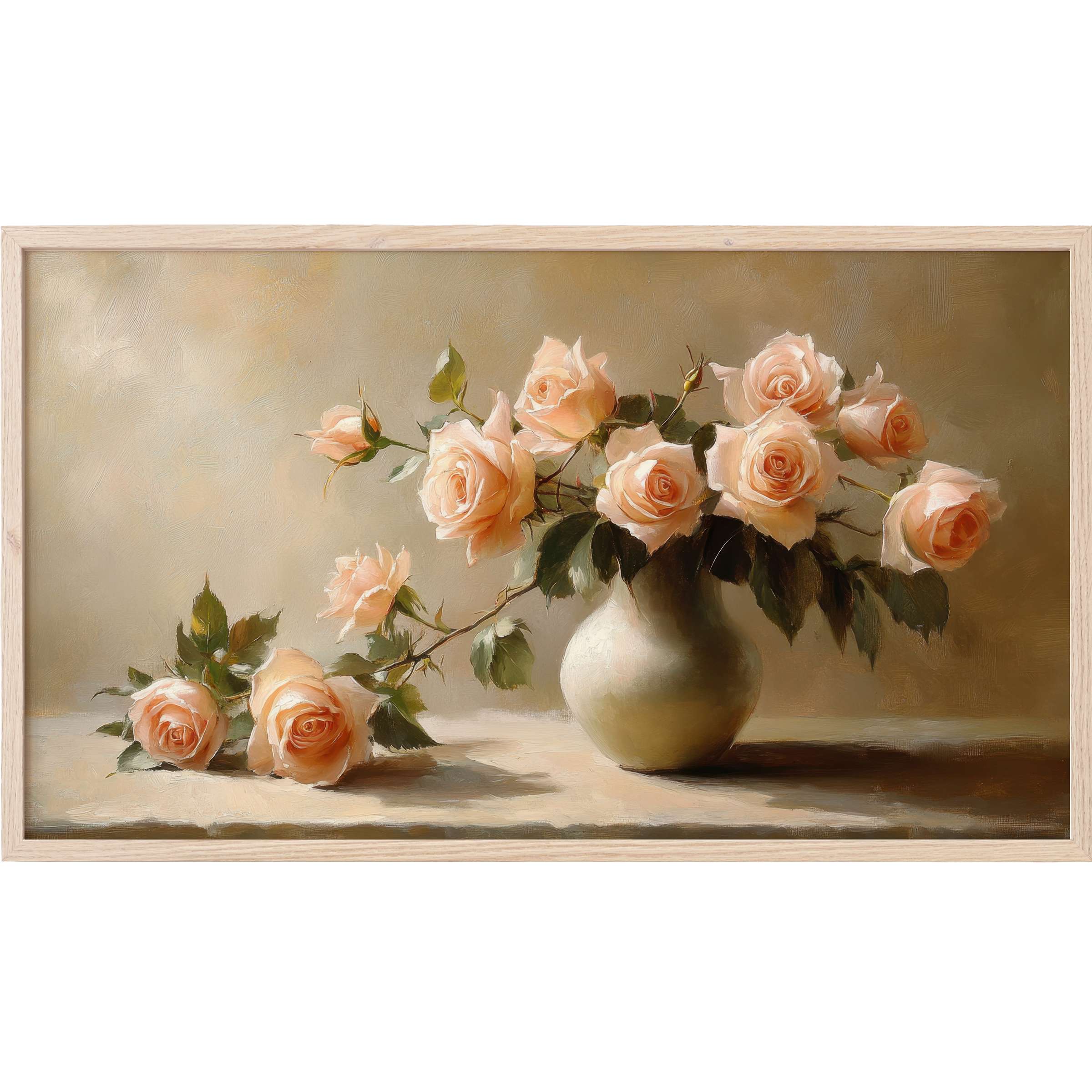 Elegant pastel pink roses in a soft beige vase, rendered in a classic painterly style, Floral Frame TV Art