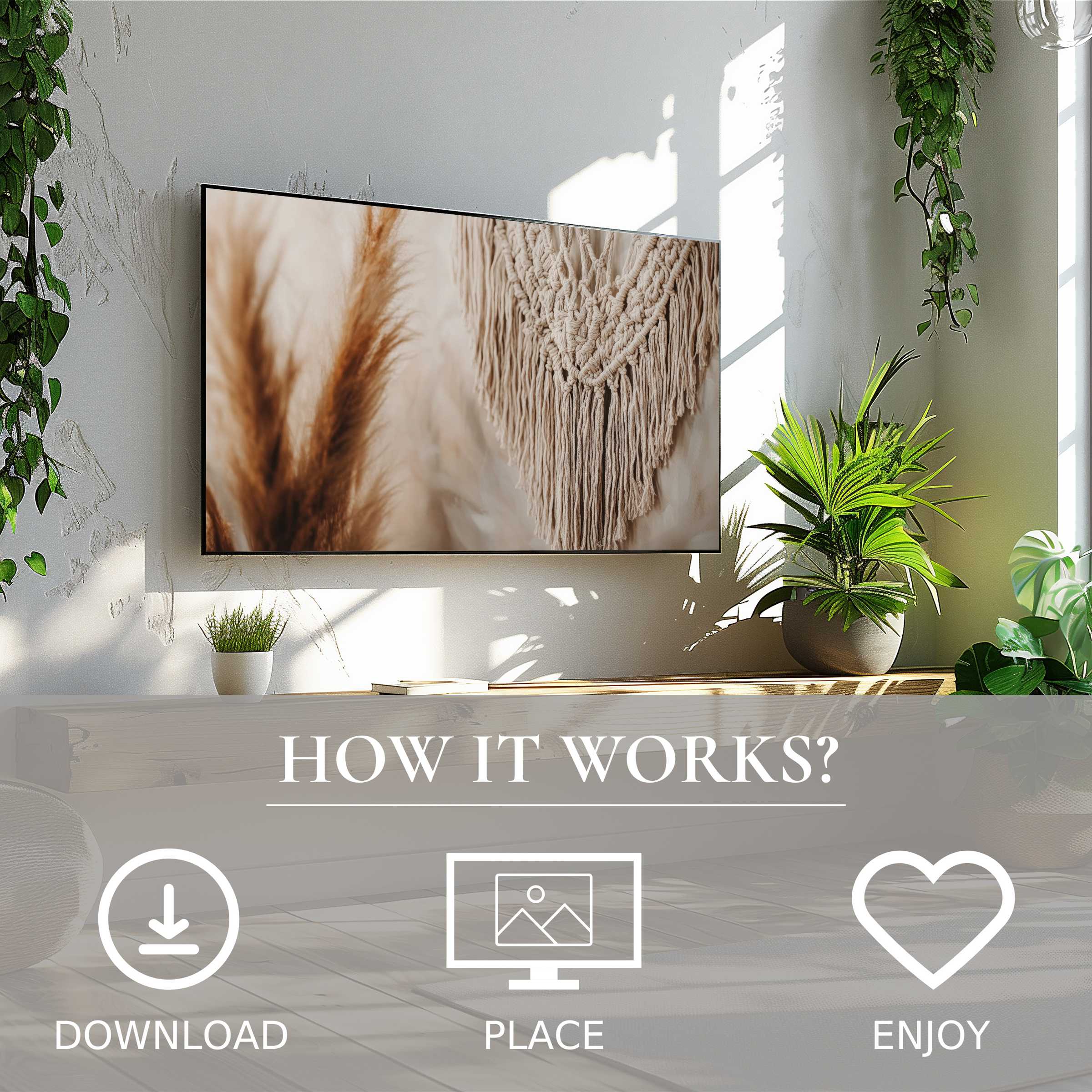 Boho art for Samsung TV with soft earthy tones and macrame motif, easy digital download enhancing stylish living spaces