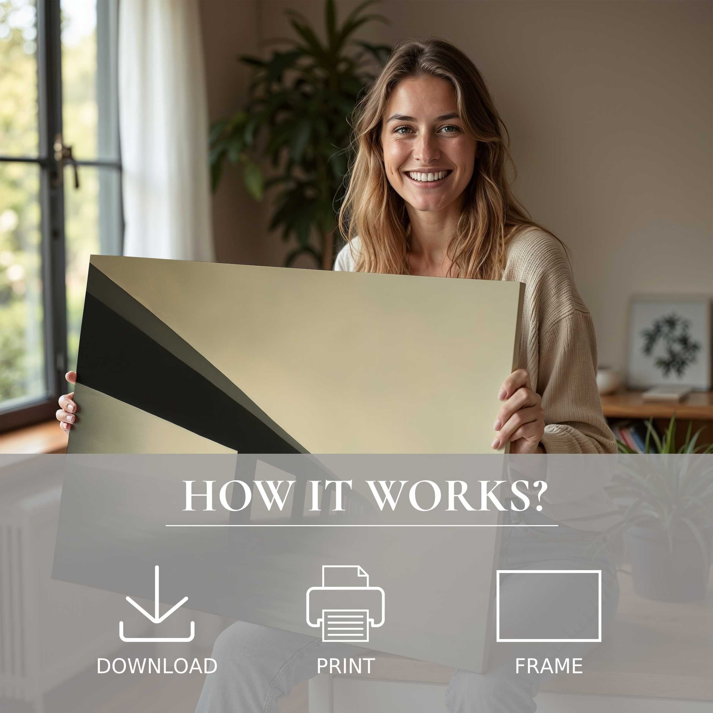 Radiant in a modern home, a woman shares a minimalist digital art print-capturing joy and effortless elegance in living with art