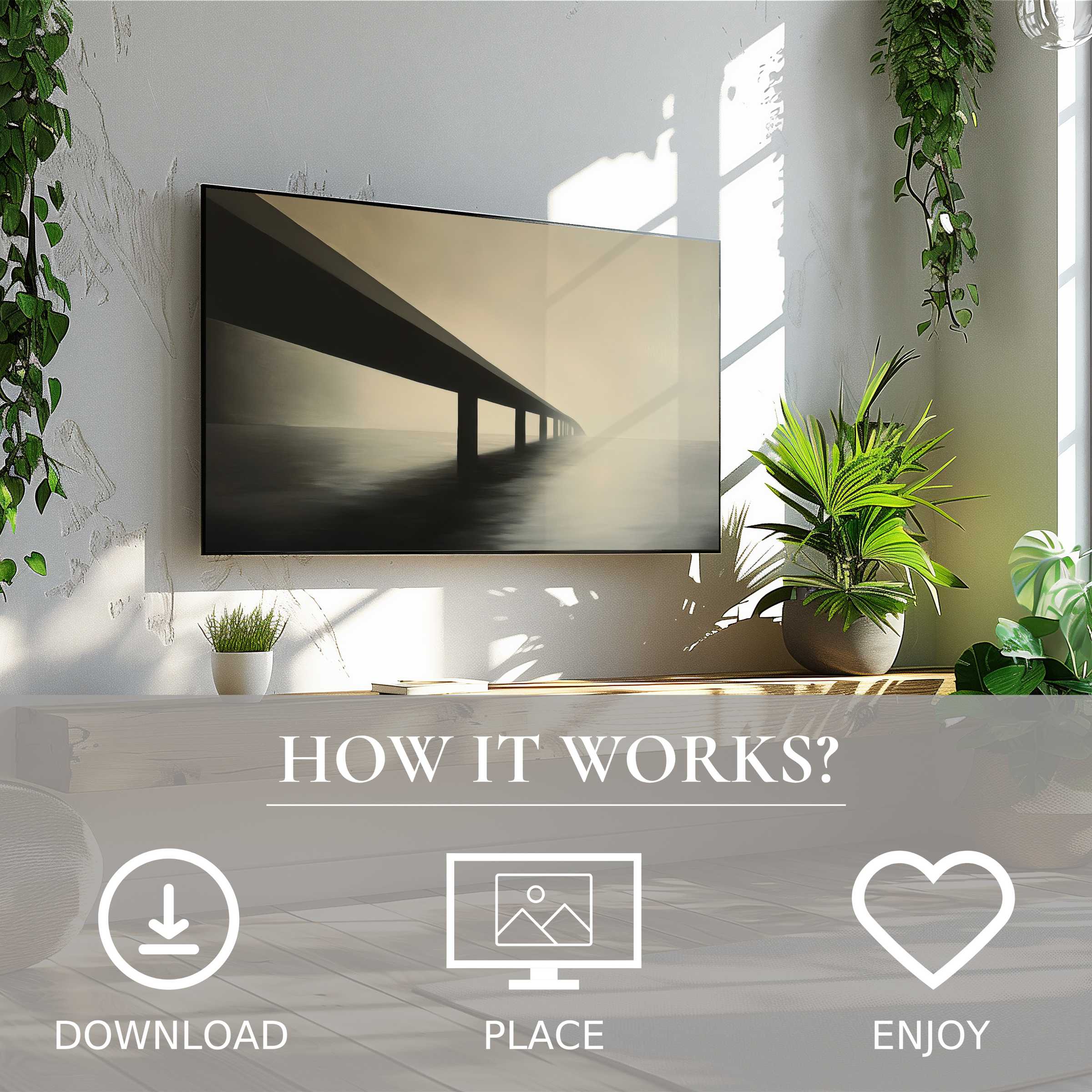 Minimalist art for Samsung TV shows a serene bridge motif in soft beige hues, easy digital download enriches your space