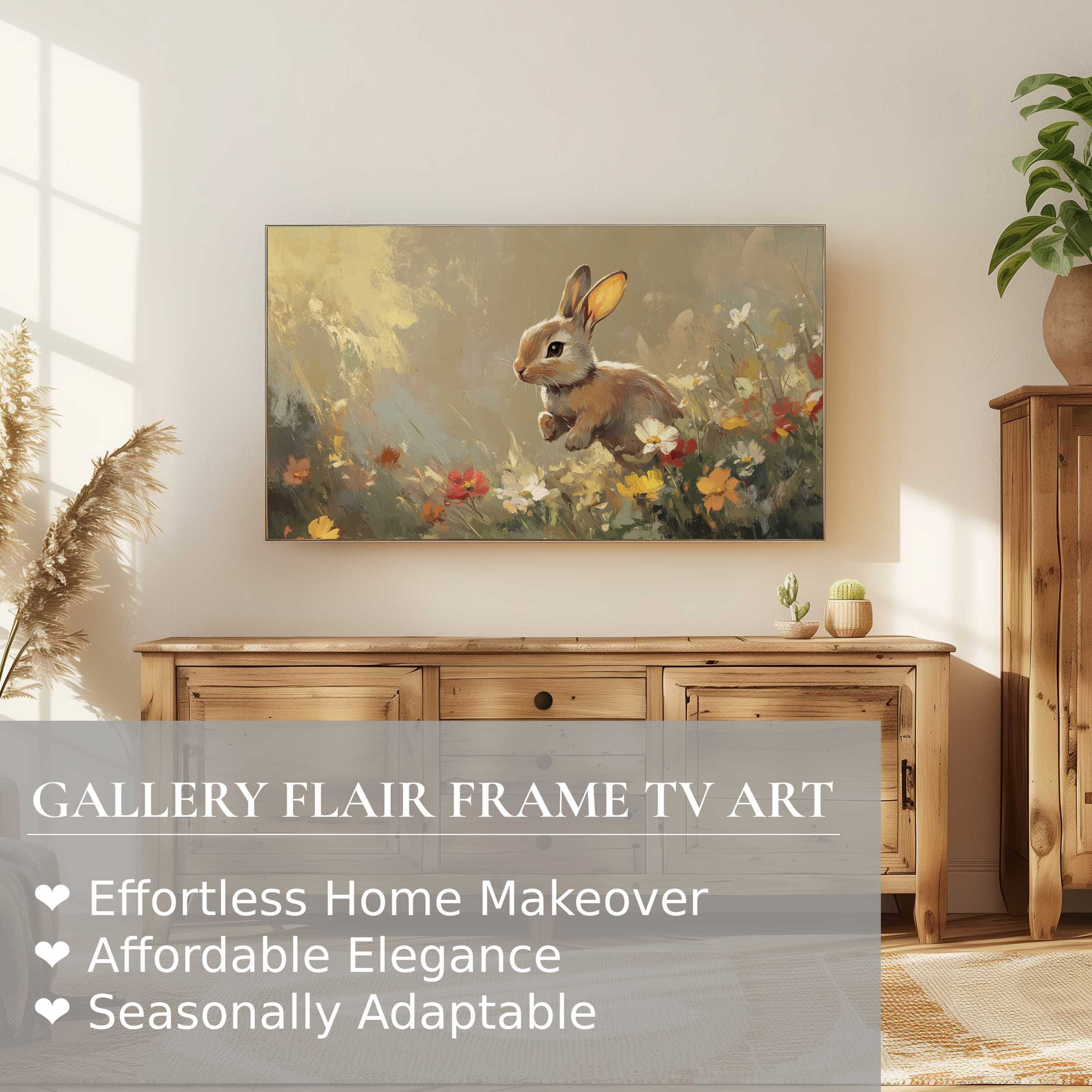 Samsung Frame TV displaying elegant easter digital artwork of a rabbit in a modern, sunlit home setting