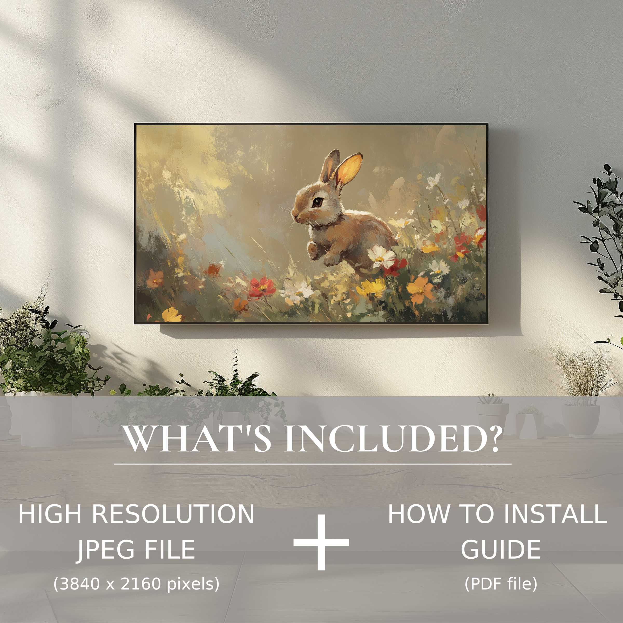 Elegant living room with easter digital TV art download, easy to use and enriches stylish home spaces