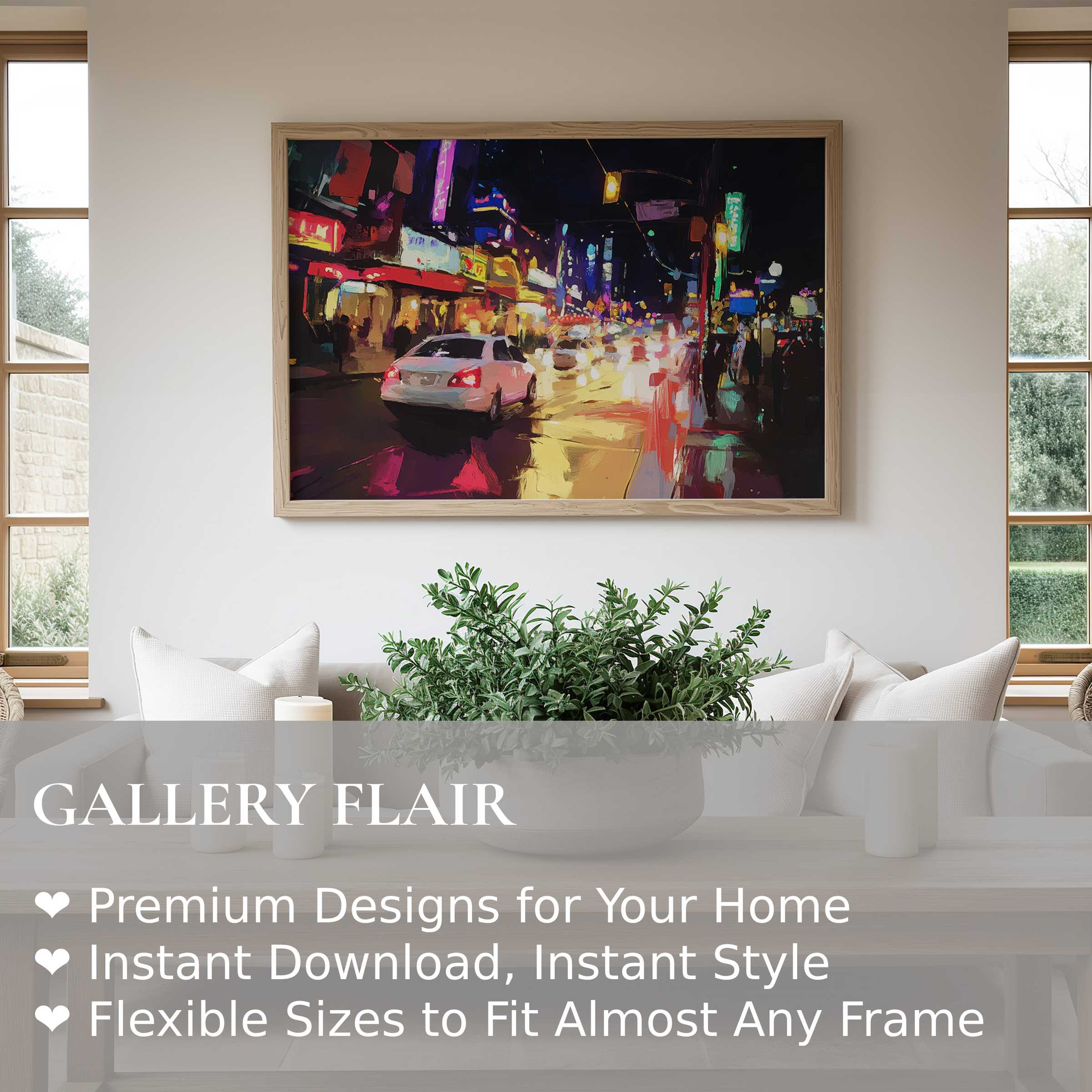 Vibrant urban art wall art print capturing a dynamic city night scene, adding bold energy to minimalist modern interiors