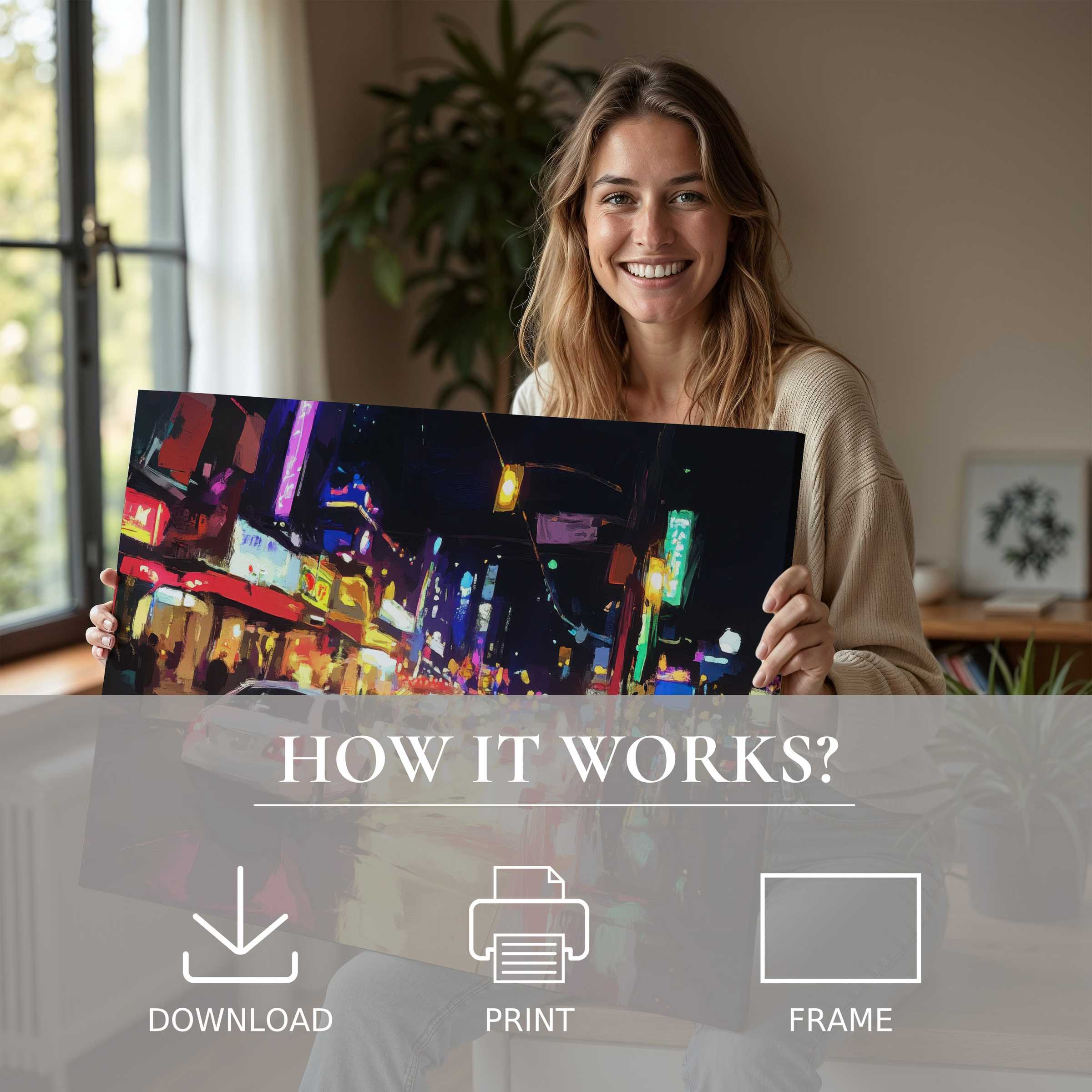 A radiant moment of joy and connection unfolds as she embraces vibrant urban digital art print, bringing serene beauty and effortless elegance into her modern home sanctuary