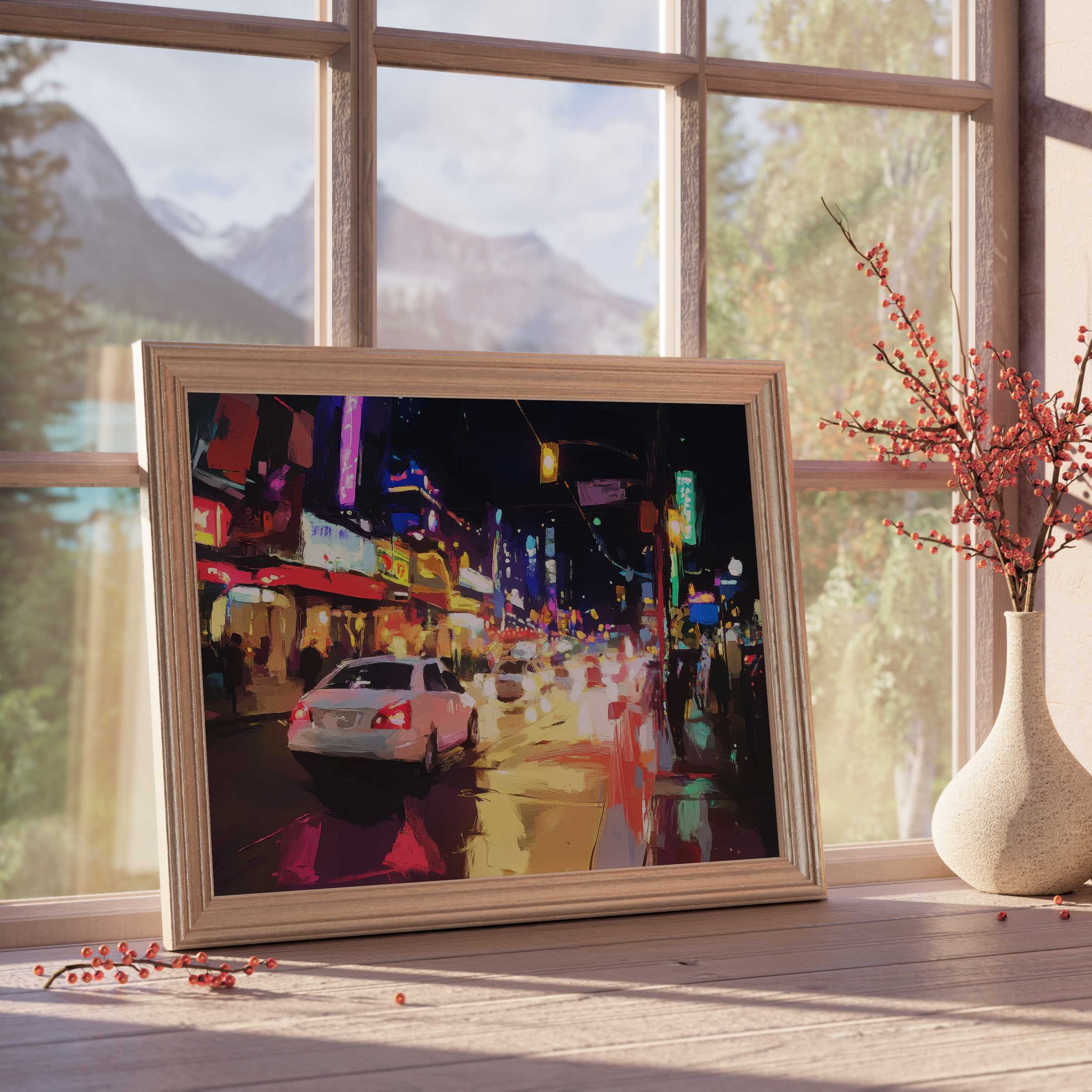 Urban downloadable art capturing a vibrant cityscape at night, infusing curated interiors with dynamic energy and modern elegance
