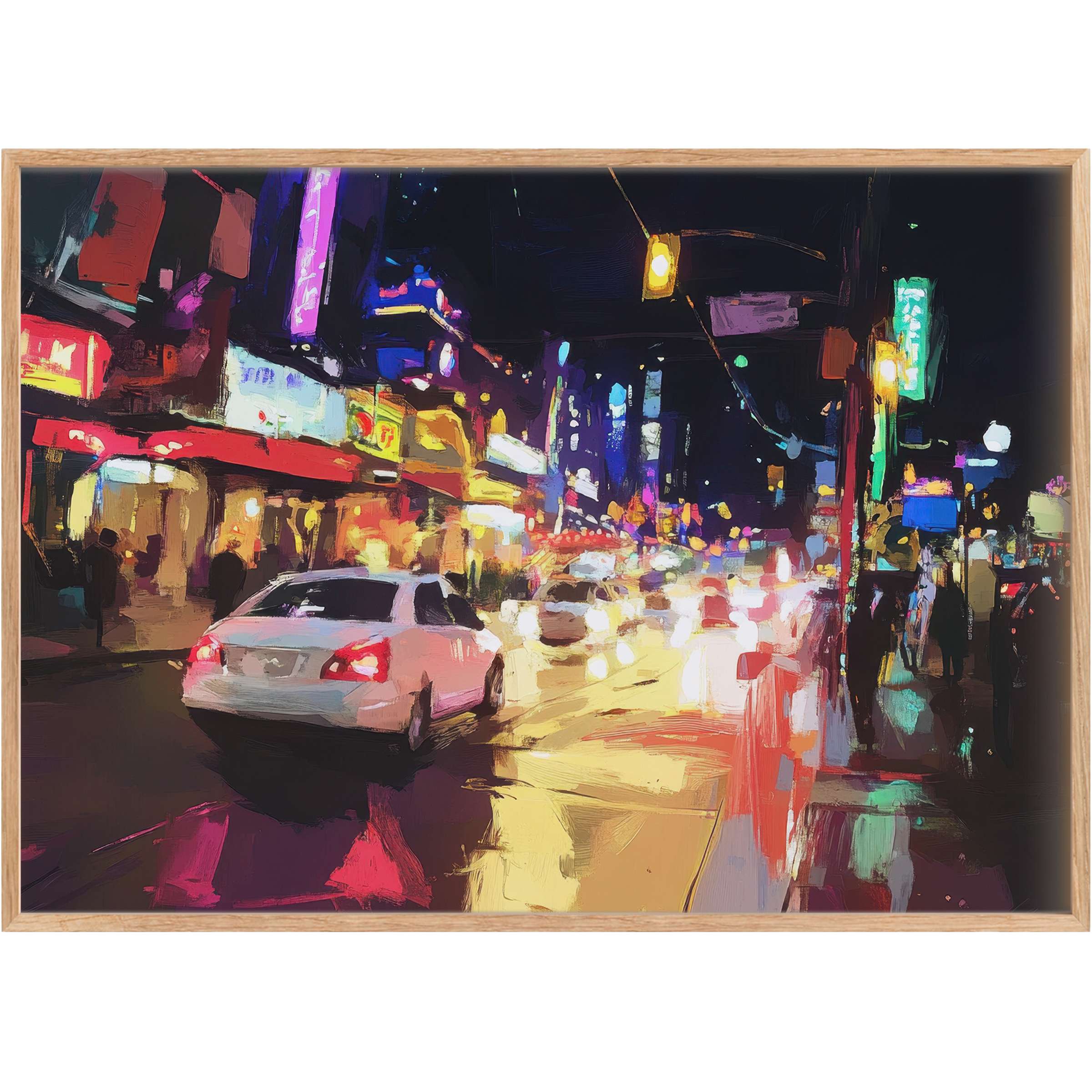 Vibrant urban printable wall art capturing a luminous city nightscape in radiant yellows, reds, and cool blues that energize any modern space