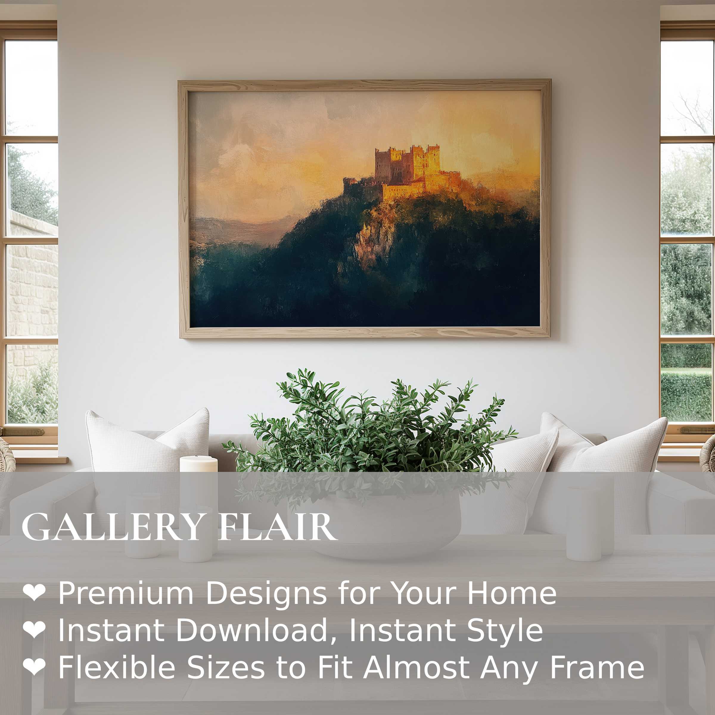 Vintage wall art print of a radiant castle at sunset, adding timeless elegance and warm ambiance to a modern minimalist living room