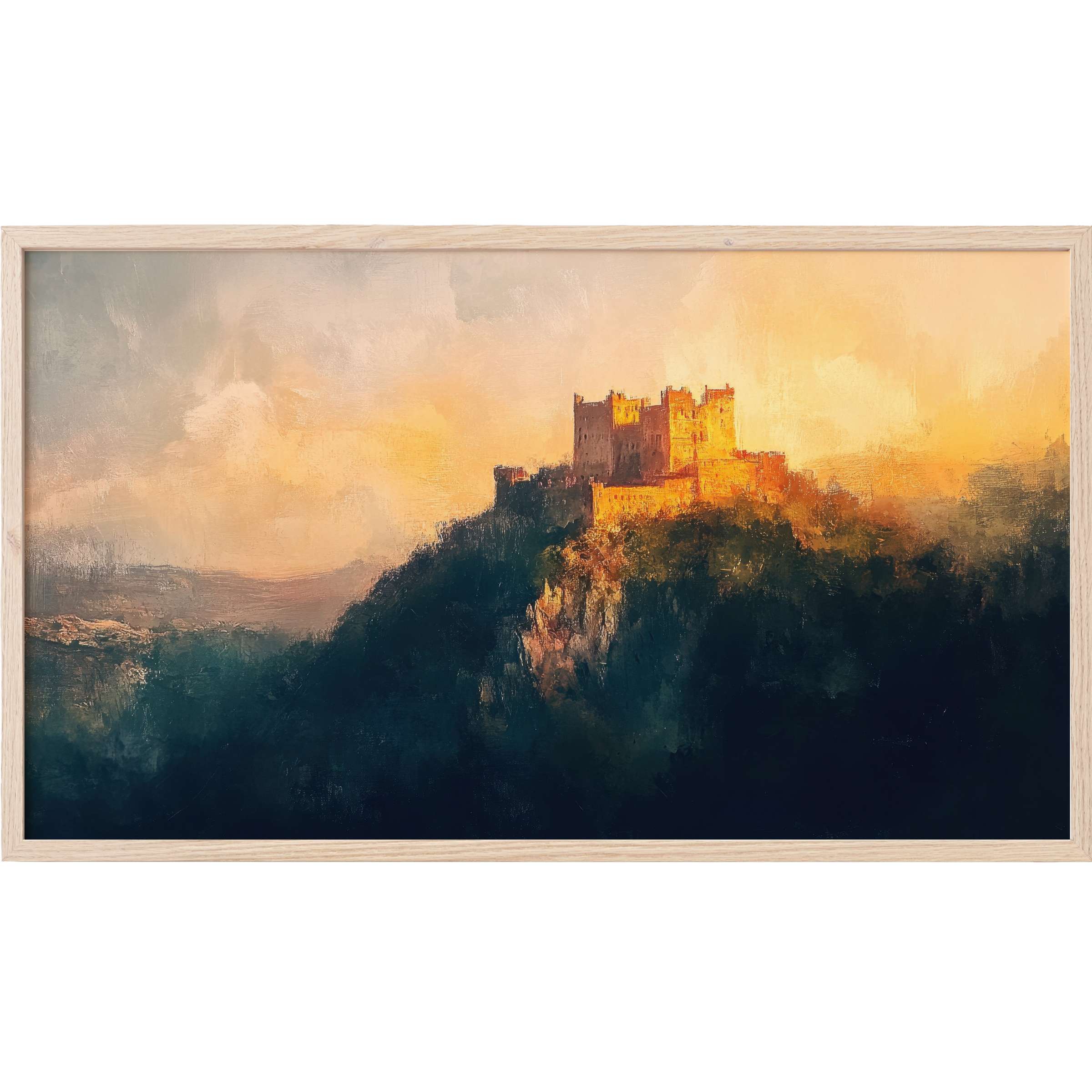 Vintage Frame TV Art of a sunlit castle atop a dark, misty hill in warm gold and deep blue hues