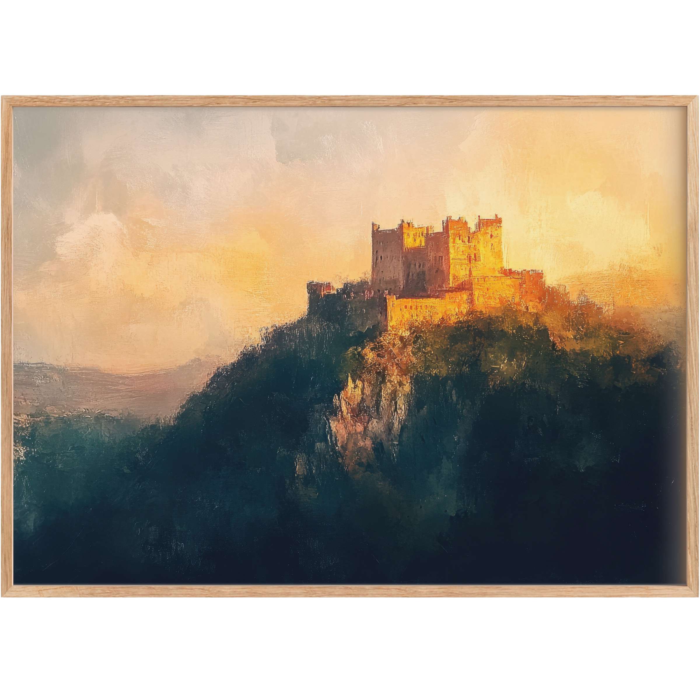 Vintage printable wall art capturing a golden fortress bathed in warm amber light, evoking a serene, majestic ambiance