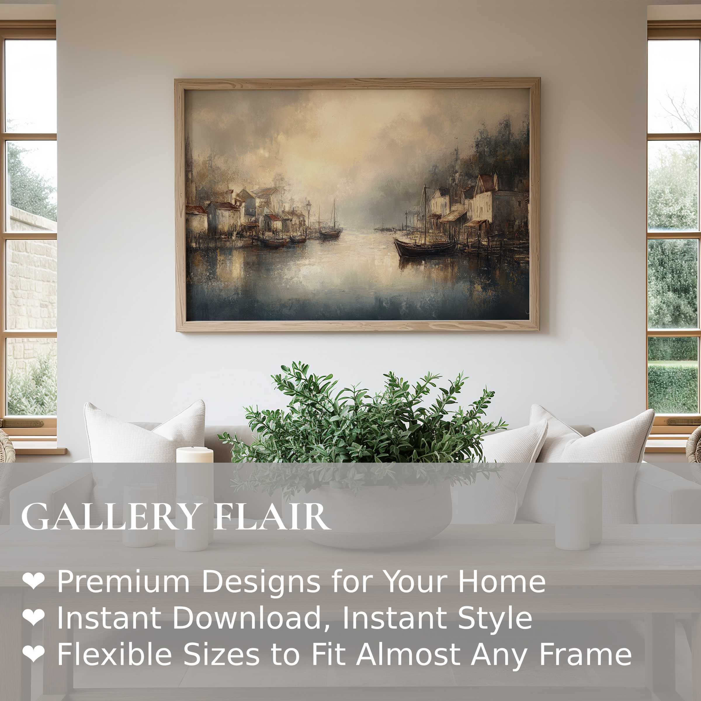 Coastal wall art print depicting a serene harbor at dawn, evoking calm through soft, muted tones in a modern coastal living room
