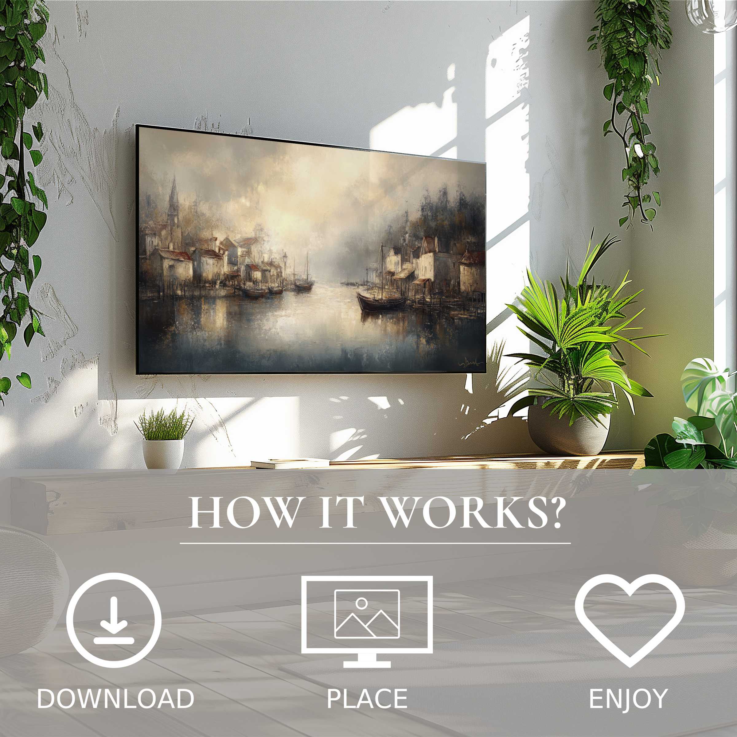 Coastal art for Samsung TV with soft misty harbor tones, easy digital download enriches modern living spaces