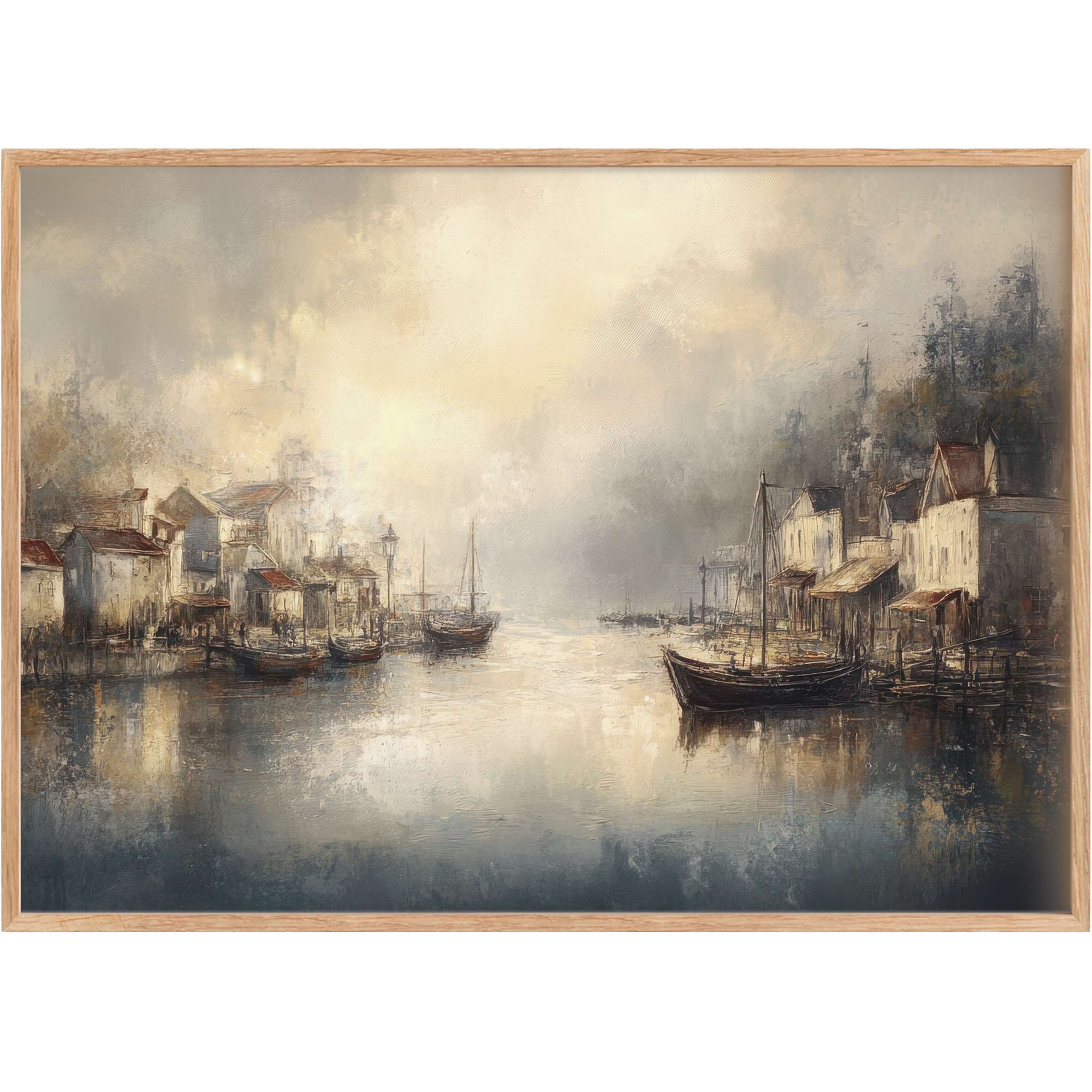 Coastal printable wall art evoking tranquil dawn by the harbor, with soft greys and warm sepias creating a serene, timeless ambiance