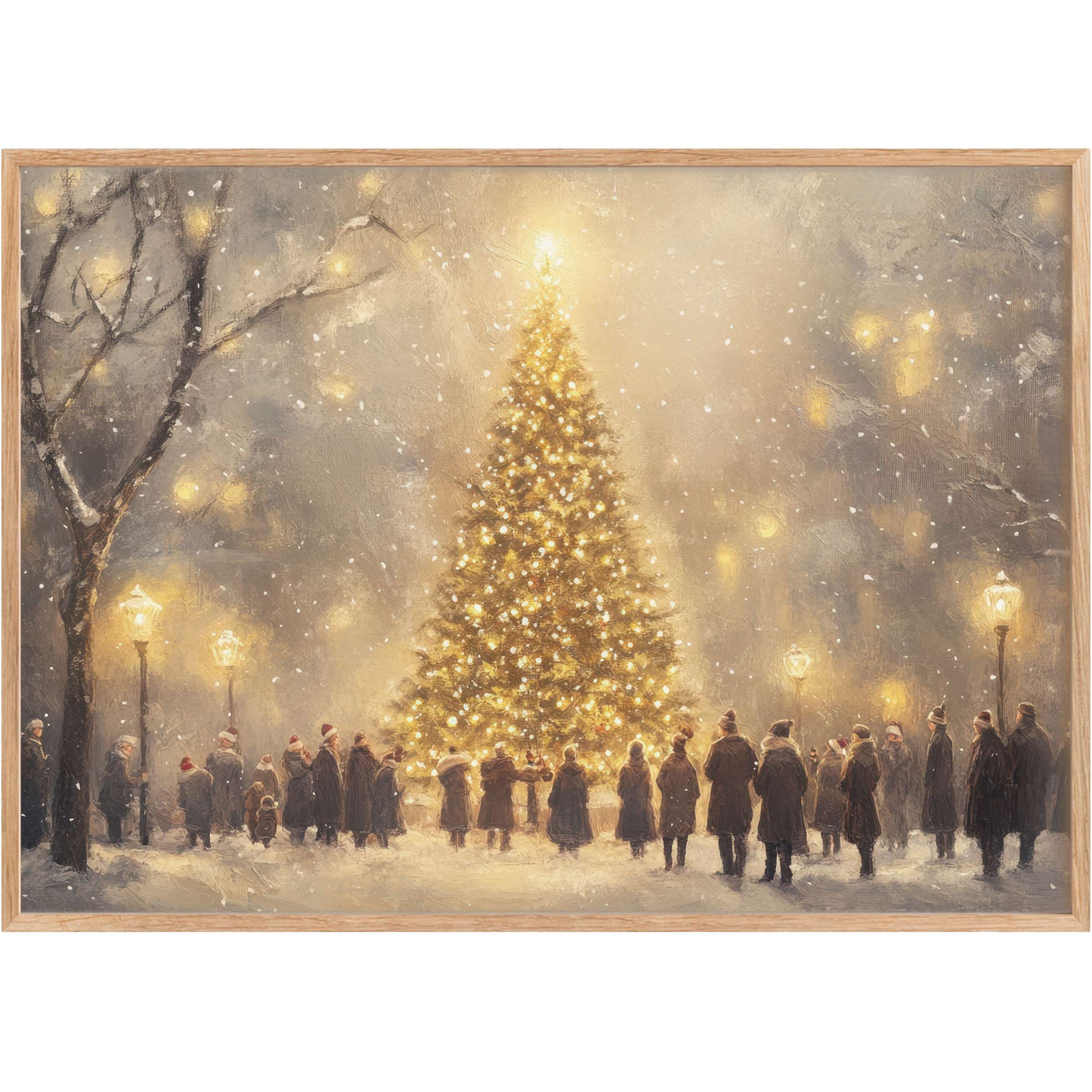 Enchanting Christmas printable wall art capturing a glowing tree amid gentle snowfall, evoking warmth and serene holiday magic