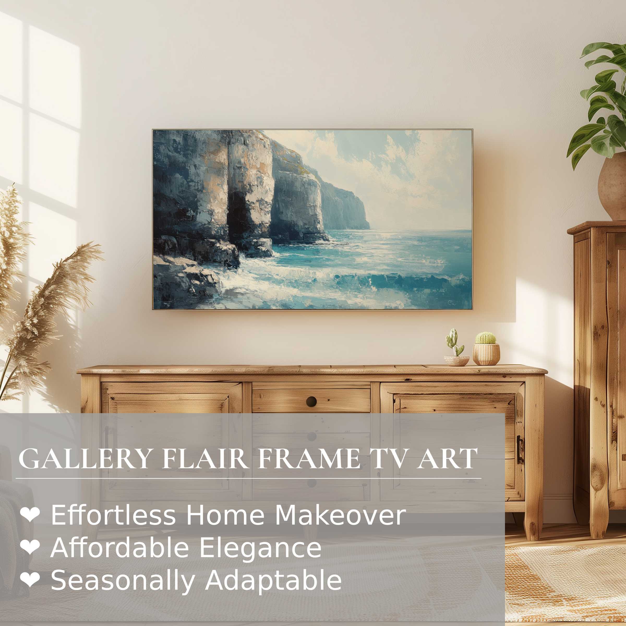 Samsung Frame TV showcasing atmospheric summer digital artwork of coastal cliffs in a serene, modern living room setting