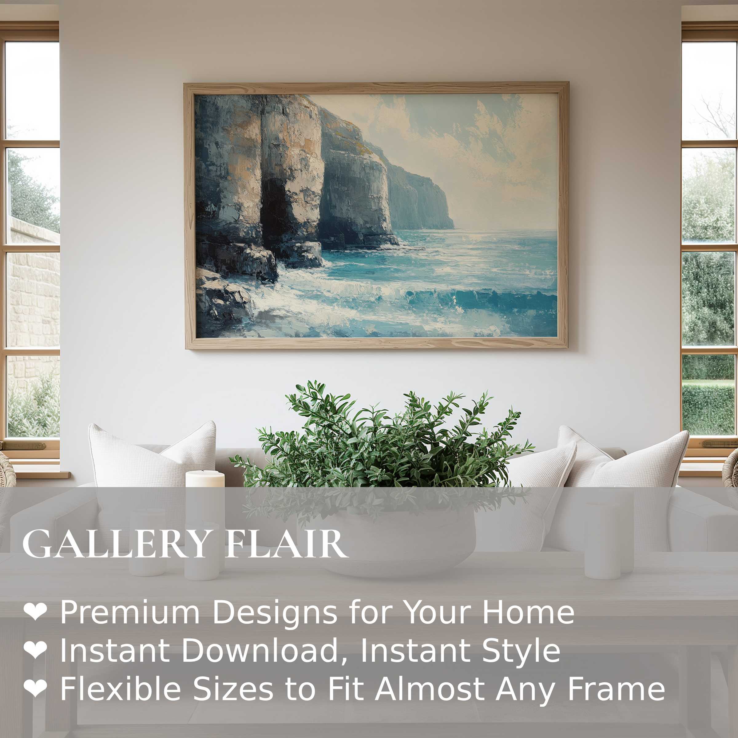 Summer wall art print capturing radiant coastal cliffs and ocean waves, enhancing serene modern interiors with calming, natural elegance
