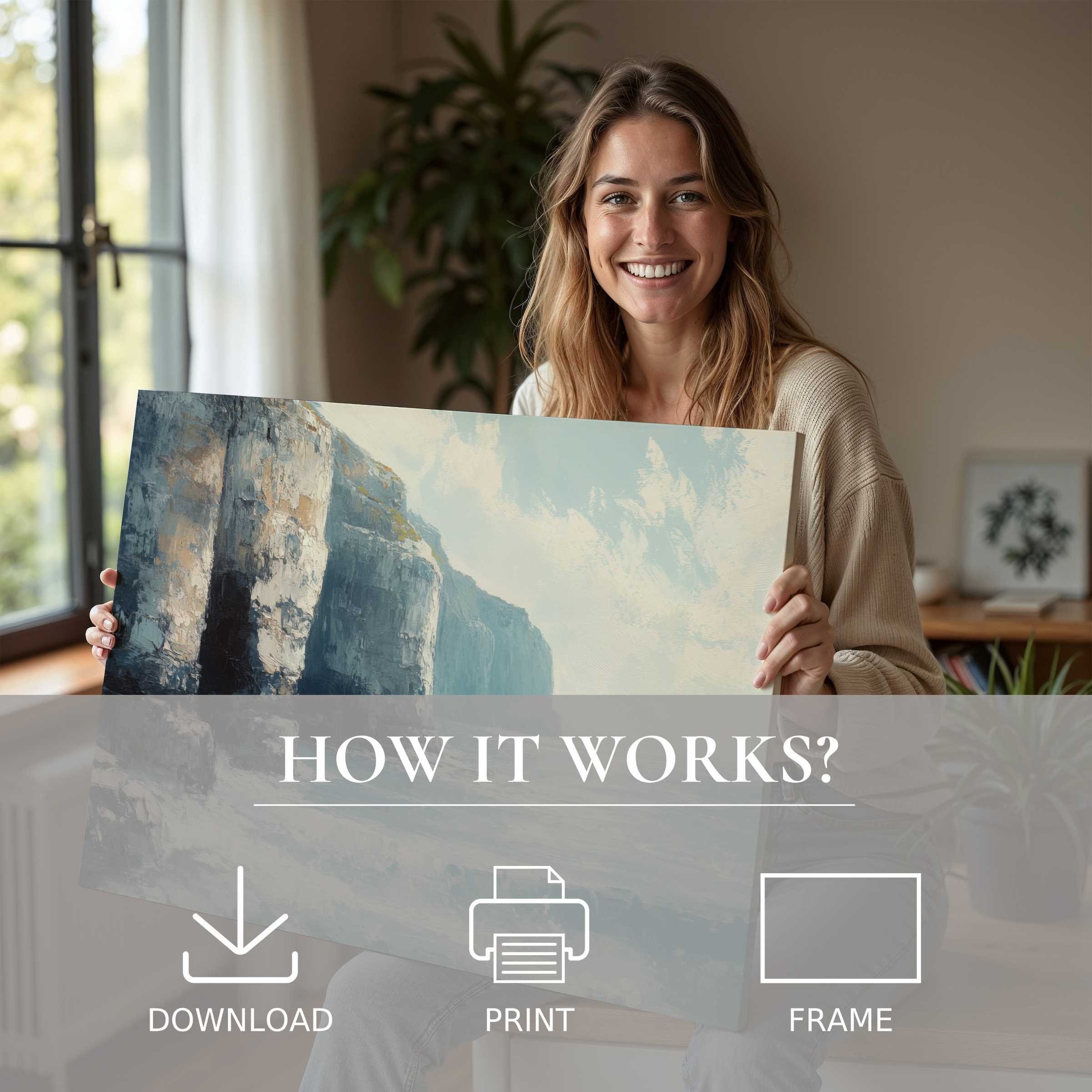 A serene moment of joyous connection captured as a modern woman embraces a summer digital art print, blending soft coastal hues with effortless elegance in a stylish home sanctuary