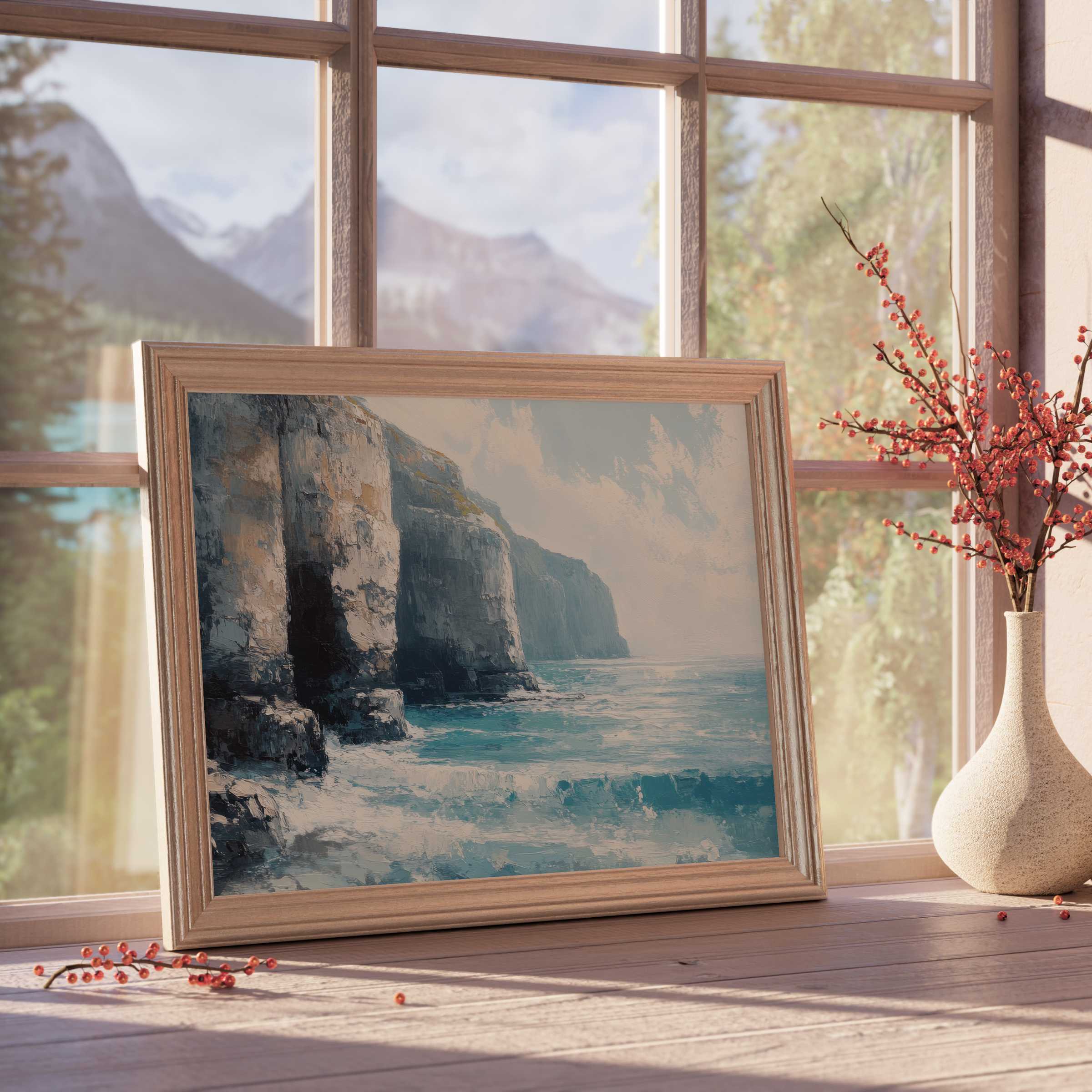 Summer downloadable art capturing serene coastal cliffs and turquoise waves, elevating tranquil, curated interiors with timeless elegance