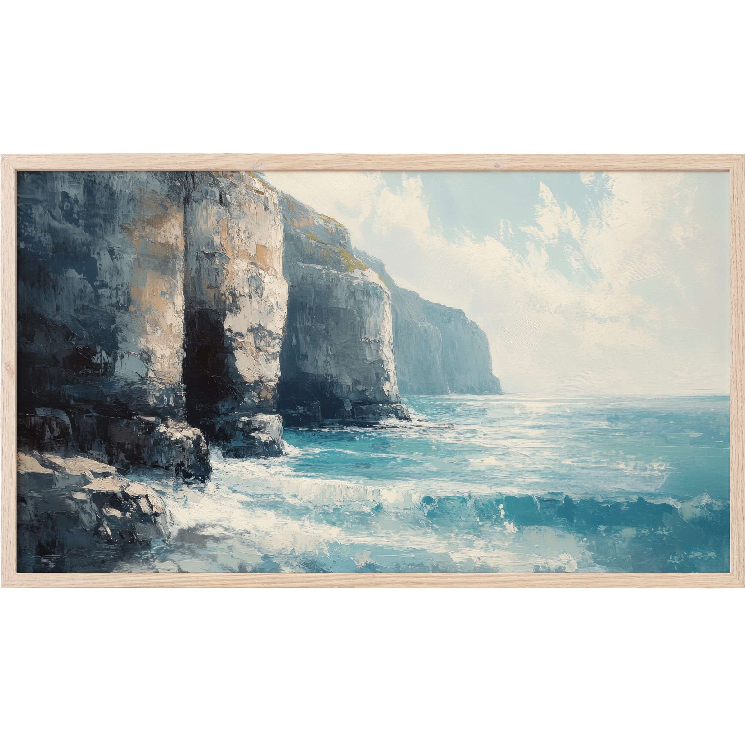 Summer Frame TV Art depicting serene coastal cliffs with soft blues, creams, and textured ocean waves in a modern palette