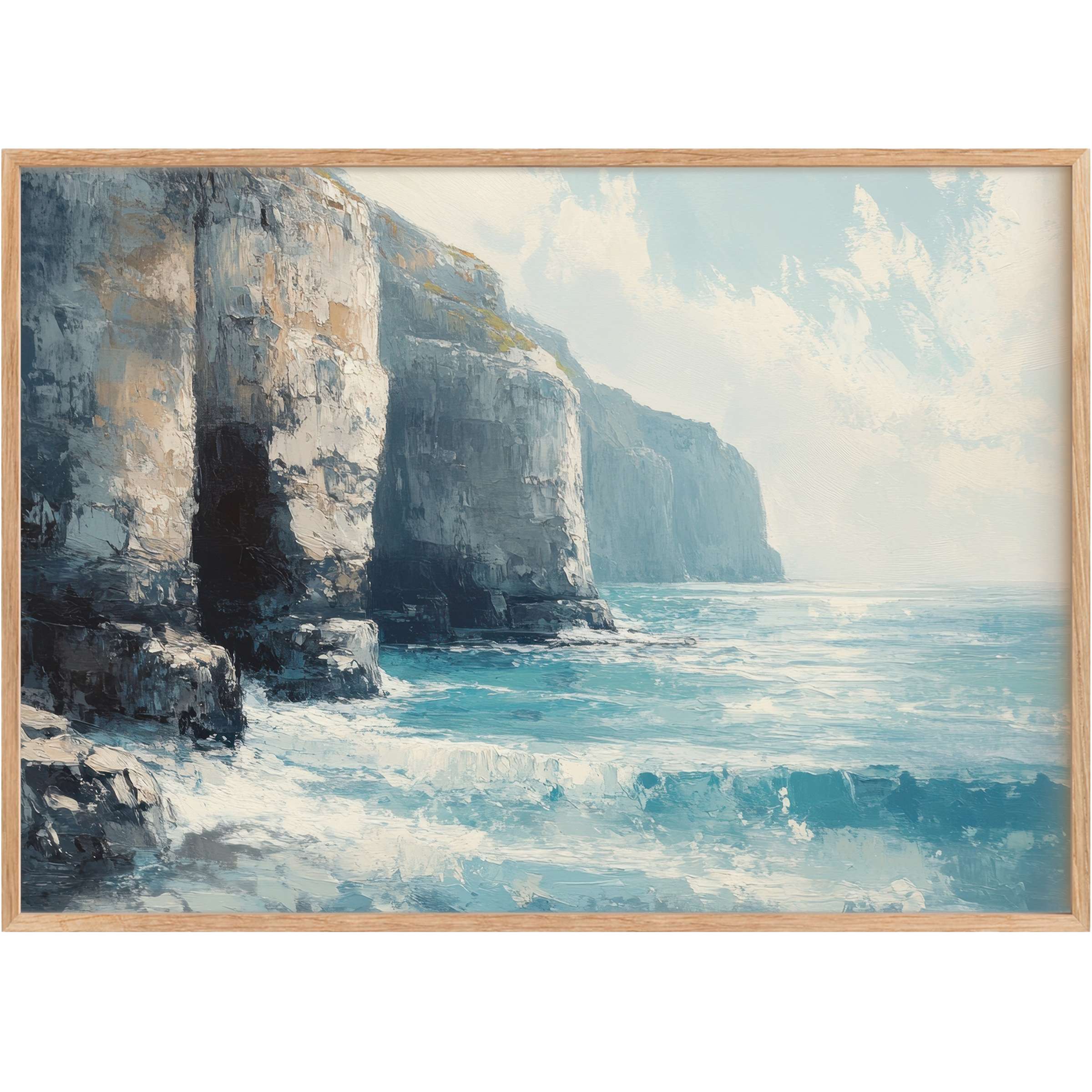Summer printable wall art capturing serene cliffs and turquoise waves, evoking a calming, sunlit coastal retreat